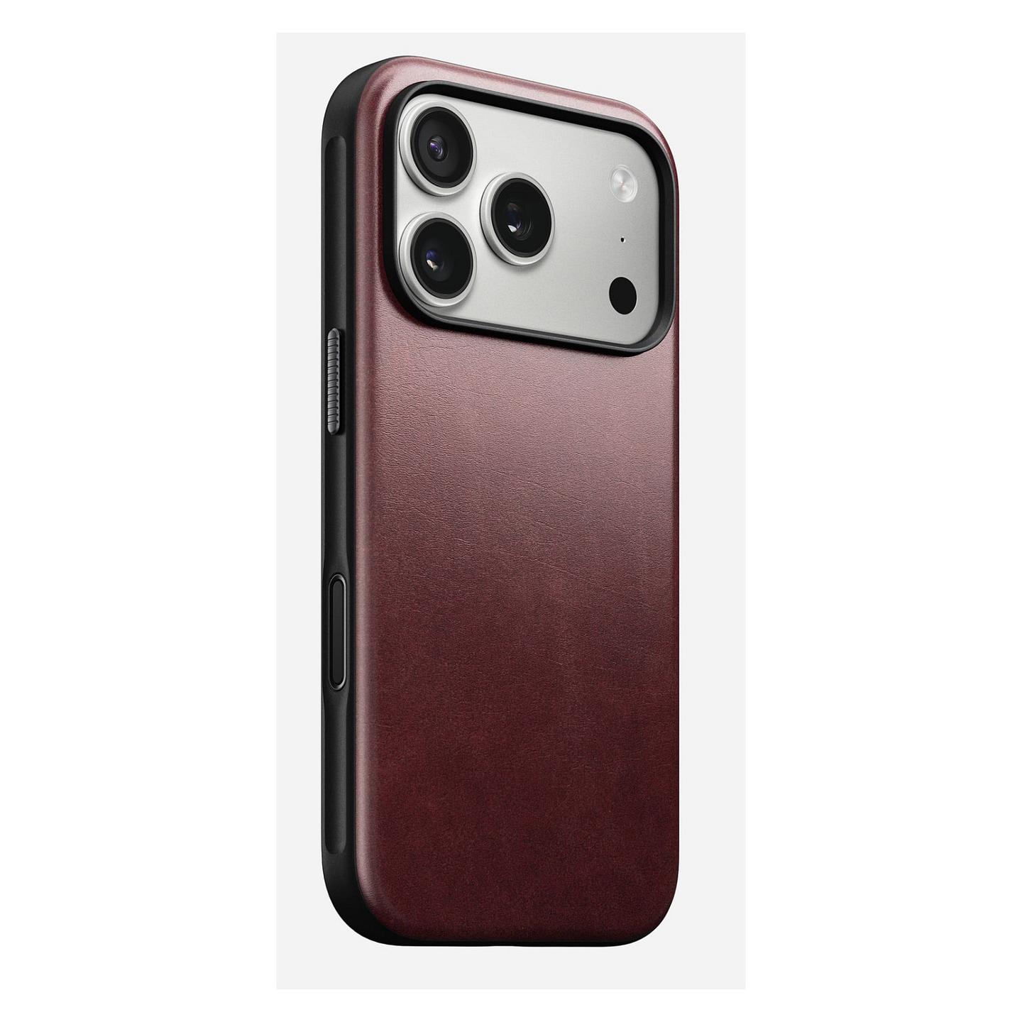 Case për Telefon Nomad Modern Leather Case, iPhone 17 Pro, Lëkurë Horween, MagSafe, Mbrojtje deri 2.4m - Bordo