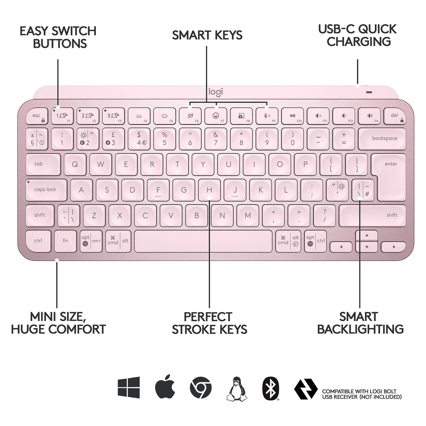 Tastierë pa kabllo Logitech MX Keys Mini / Dual Mode / Slim / Scissor / QWERTY US / 1130 mAh- Rozë - 6