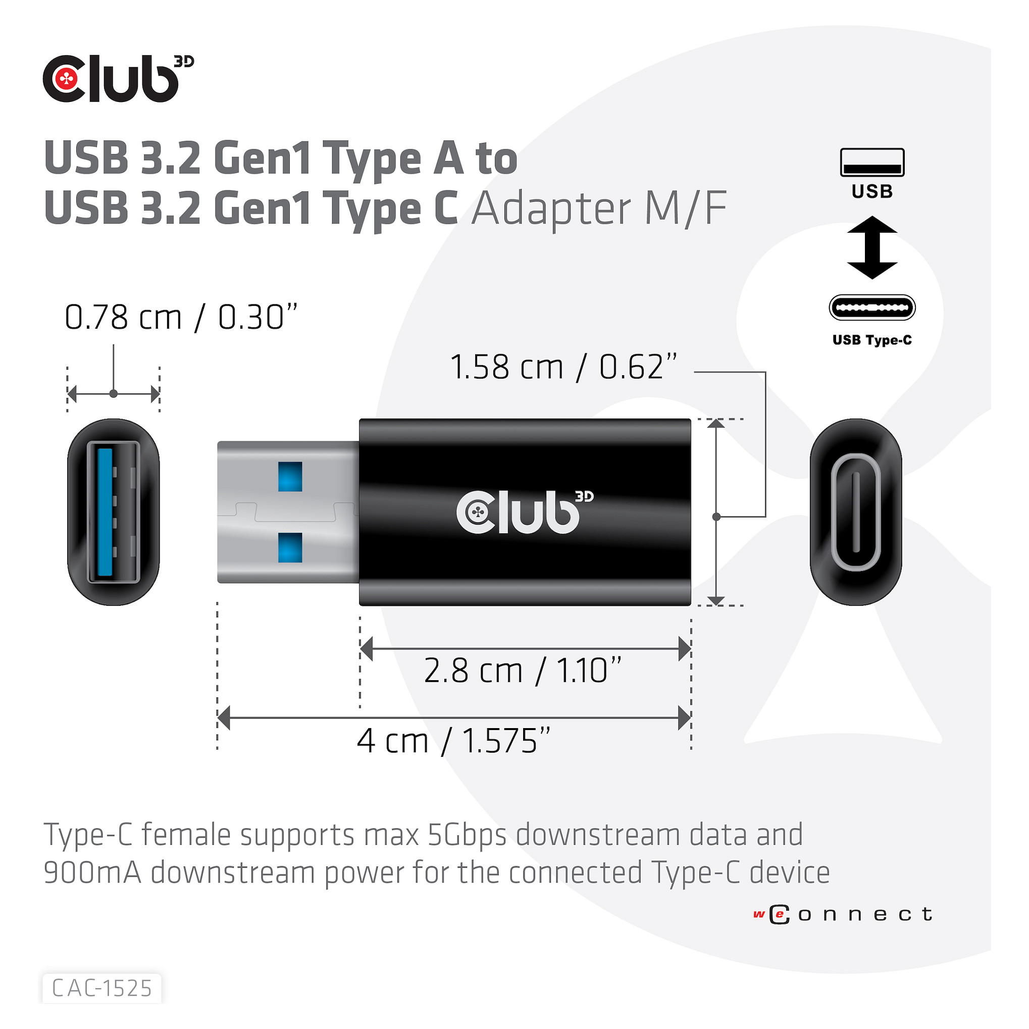 Club3D Adapter USB 3.2 Type‑A ↔ USB 3.2 Type‑C / St–Bu - 3