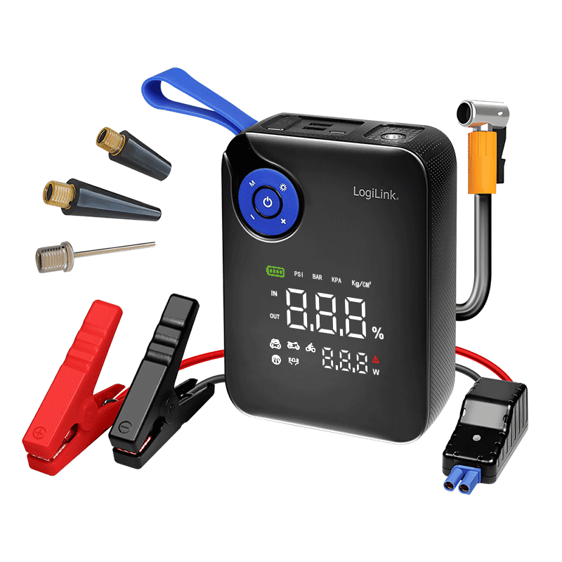Powerbank Jump Starter 4-në-1 LogiLink PA0358 / 7.200mAh / 12V / 150 PSI / 2x USB-A / QC 18W / LED - Zezë