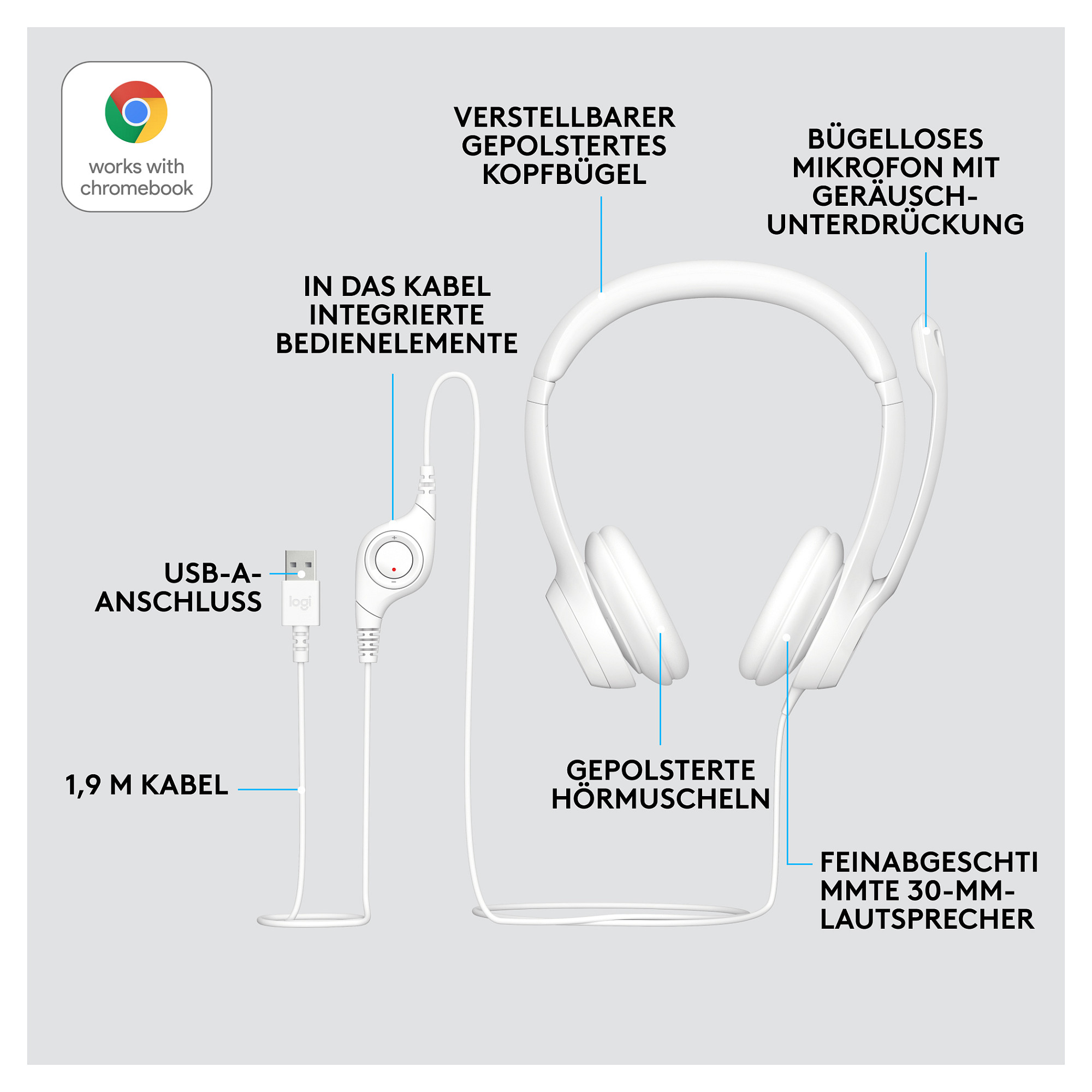 Kufje Logitech H390, USB-A, të bardha - 12
