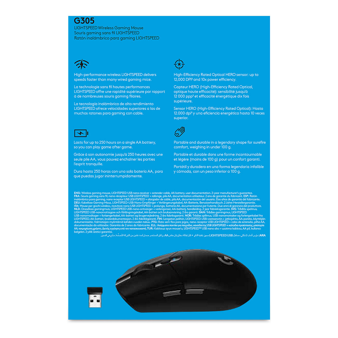 Maus Gaming Logitech G G305 Wireless Optical / 6 Butona / 2.4 GHz / USB Receiver - Zezë - 10