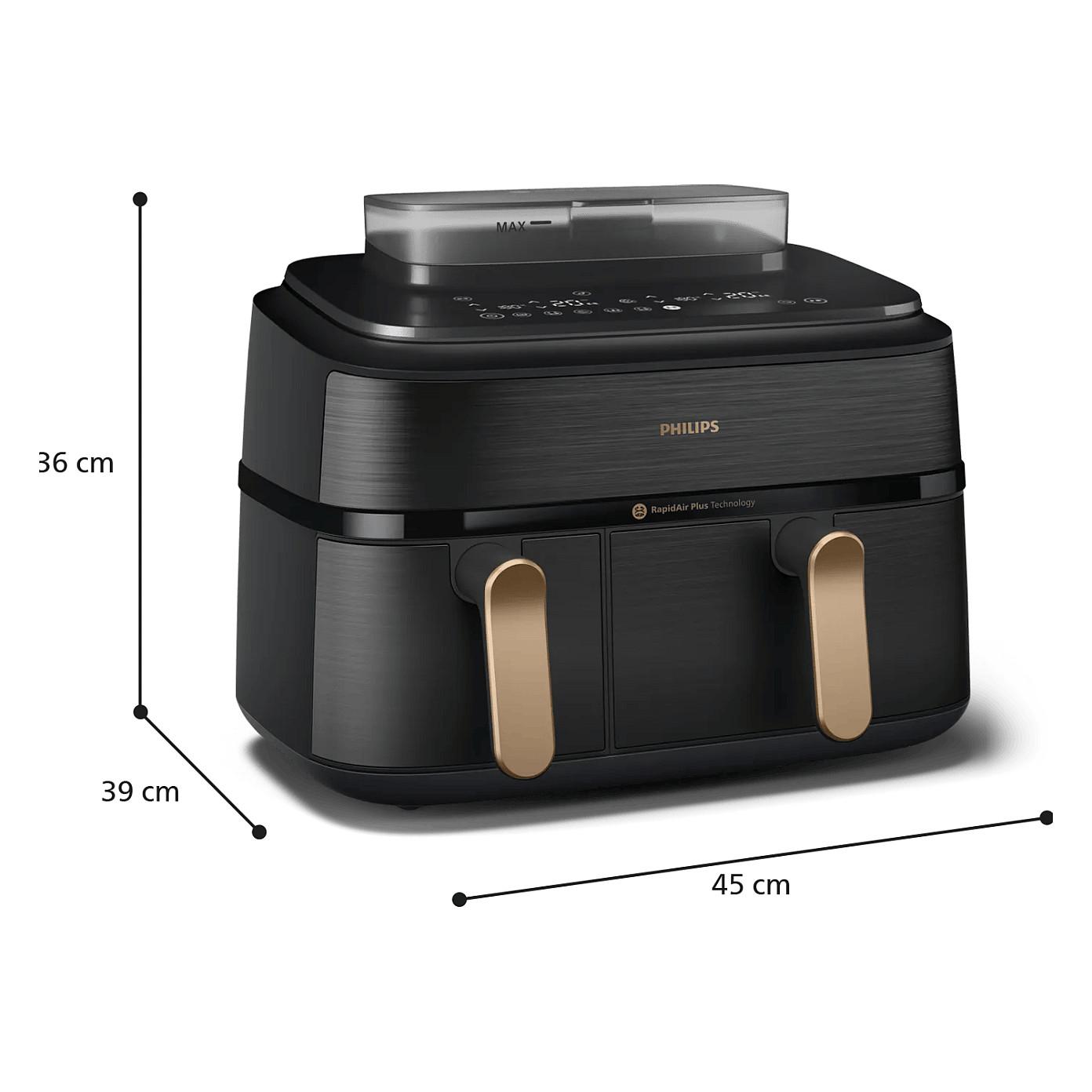Fryer Philips 5000 Series Dual Basket / NA552/00 / 9L / 2750W / 2 Koshë / 6L+3L / 12 Programe / 40–200°C / RapidAir Plus / Air Steam – Zezë/Gold - 4