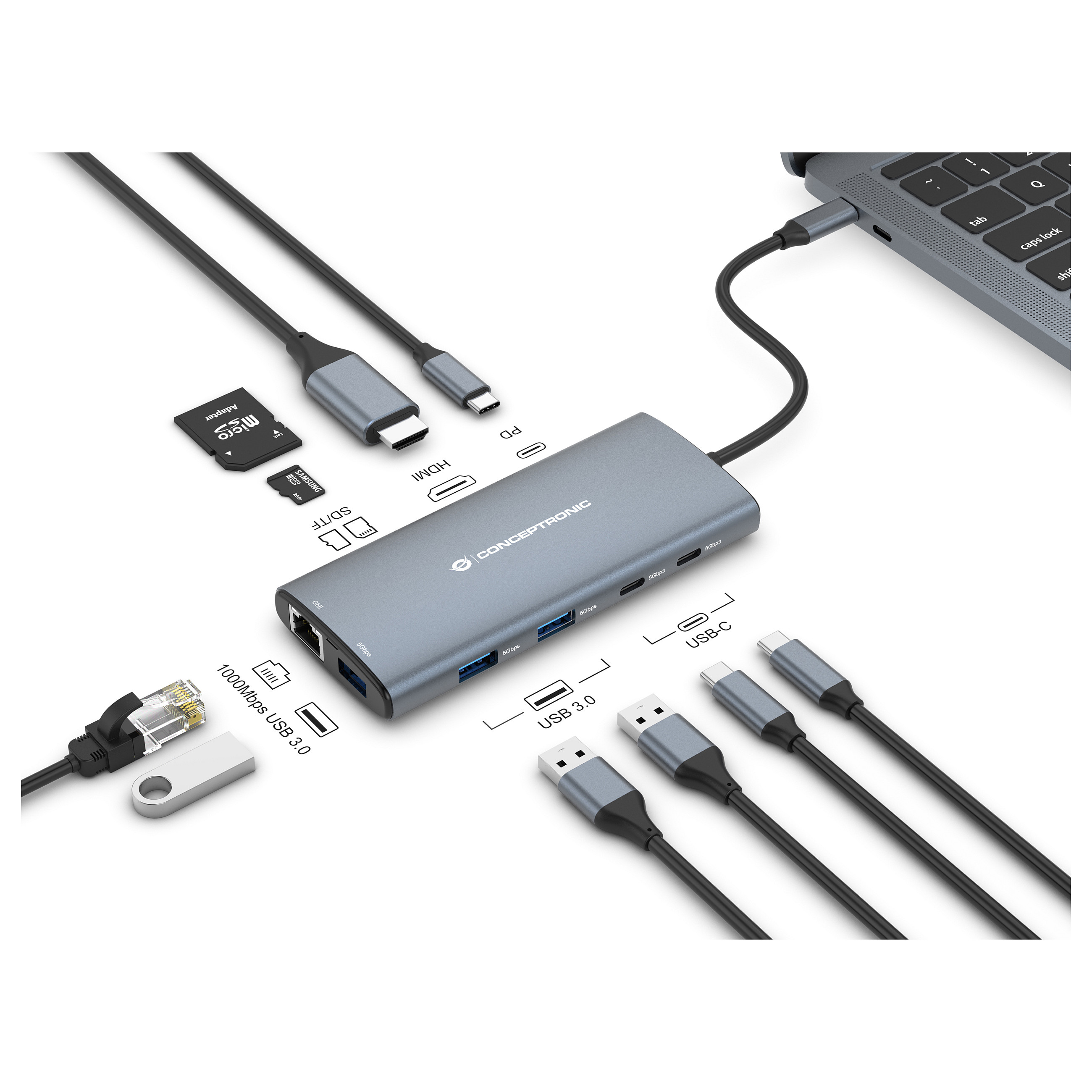 Hub Udhëtimi CONCEPTRONIC 10-në-1 USB-C në HDMI/2xUSB-C/3xUSB-A - Hiri - 3