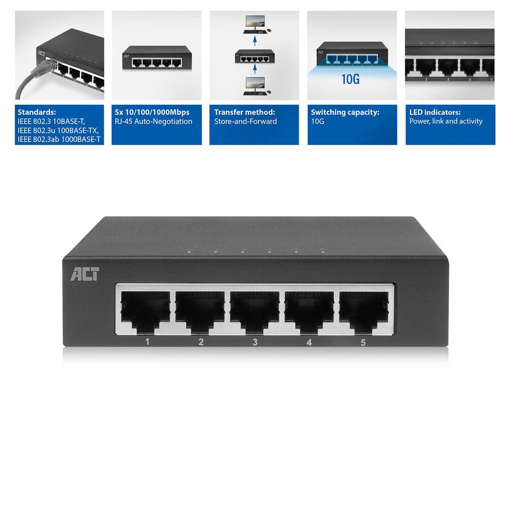 Switch ACT AC4415, 5x Gigabit Ethernet RJ45, 10/100/1000Mbps, i pamenaxhuar, Kuti Metalike - Zezë - 3