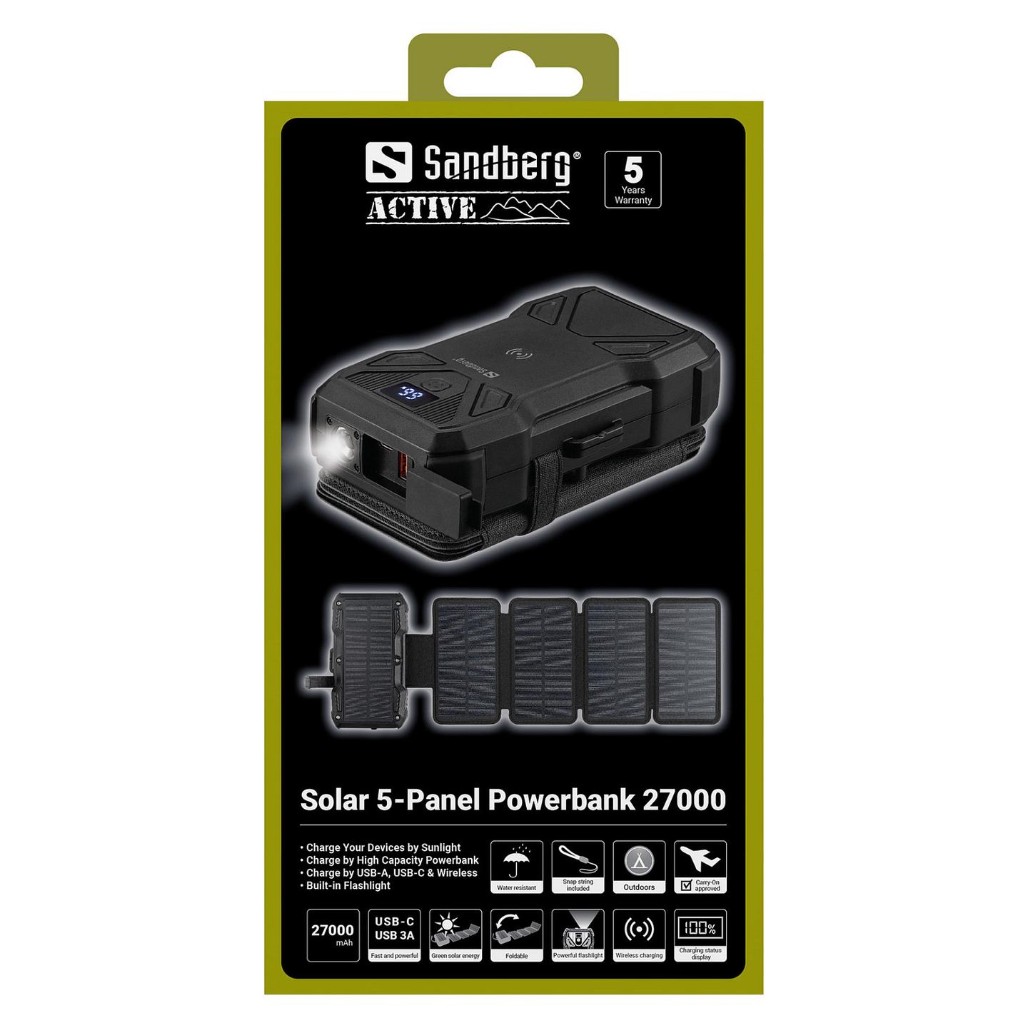 Powerbank Sandberg Solar 5-Panel 27000 / 27.000mAh / 22,5W / USB-A + USB-C / Wireless / Solar - Zezë - 10