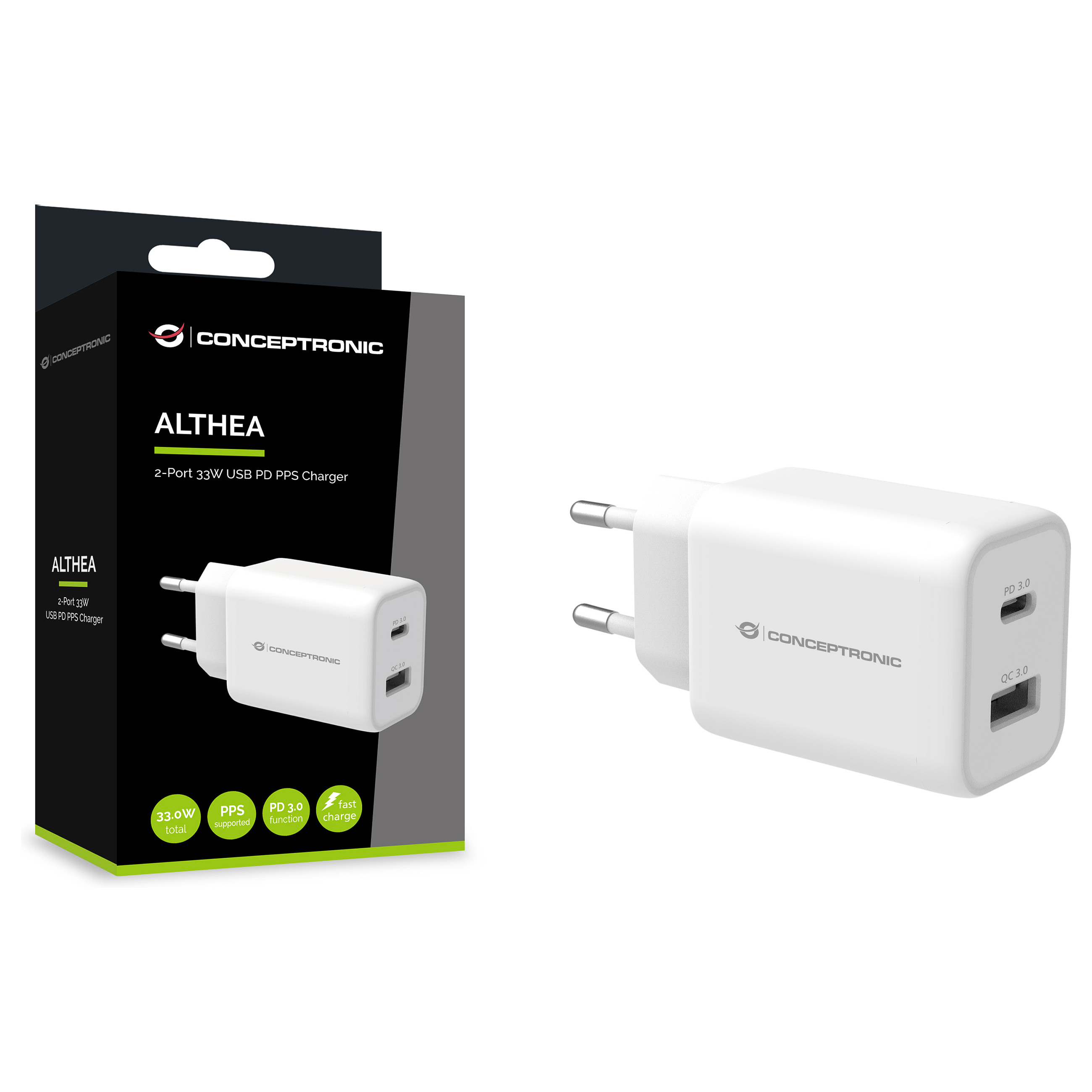 Adapter Conceptronic ALTHEA11W / 33W / 1x USB-C / 1x USB-A / QC 3.0 / PPS - Bardhë - 4