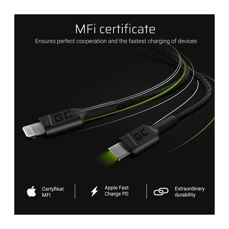 Kabllo USB Green Cell KABGC07 / Lightning në USB-C / MFi / 1m - Zezë - 5