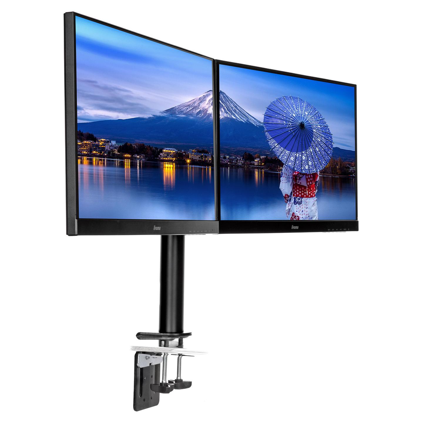 Mbajtëse për Monitor iiyama DS1002C-B1 / 2 Monitorë / 10"-32" / 10kg për Monitor / Clamp / Rregullim Lartësie 200-400mm / Tilt -85° deri +15° / Swivel 180° / Pivot 90° - Zezë