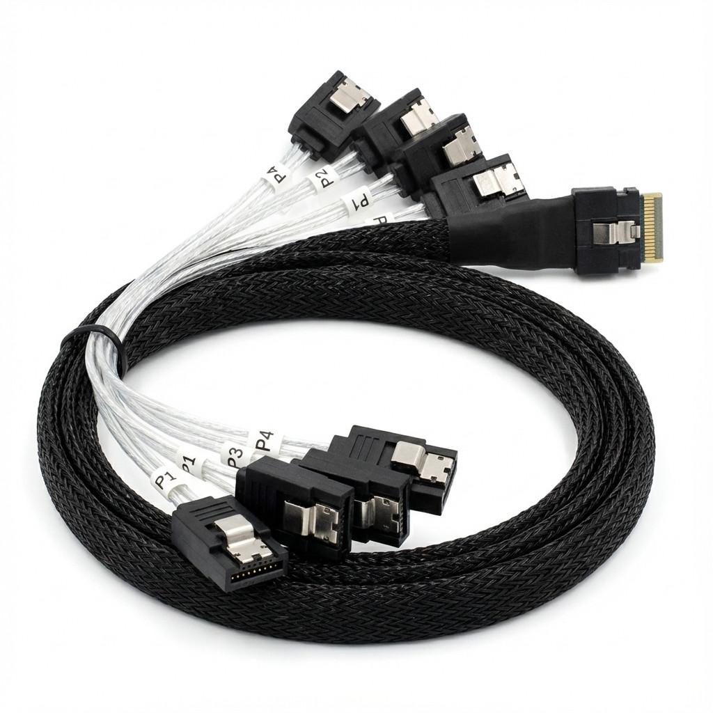Emri: Kabllo SAS/SATA Broadcom 05-60010-00, SlimSAS SFF-8654 x8 në 8x SATA SFF-8482, 1 m - Zezë