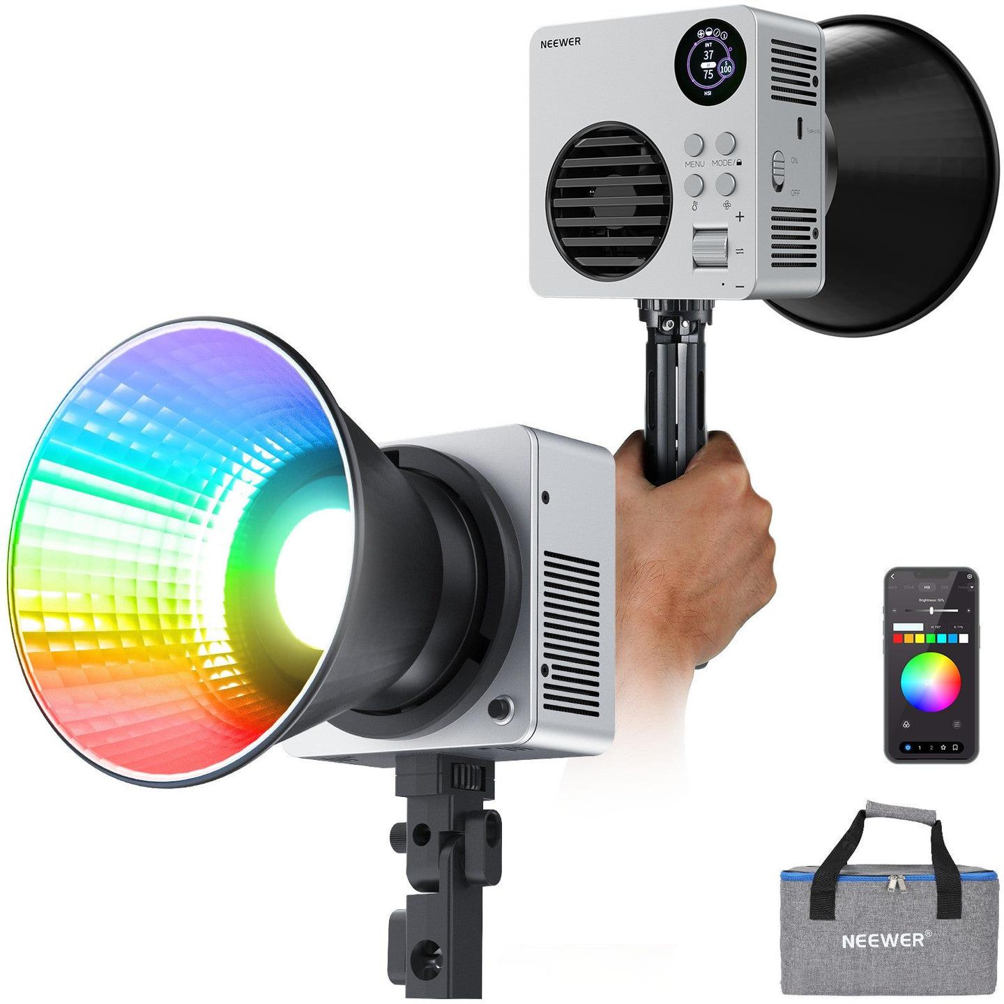 Dritë e Mençur Neewer HB80C, RGBWW, 80W, 10400Lux, 2500-7500K, CRI 95+, TLCI 97+, 72Wh, Bowens Mount - Zezë - 1