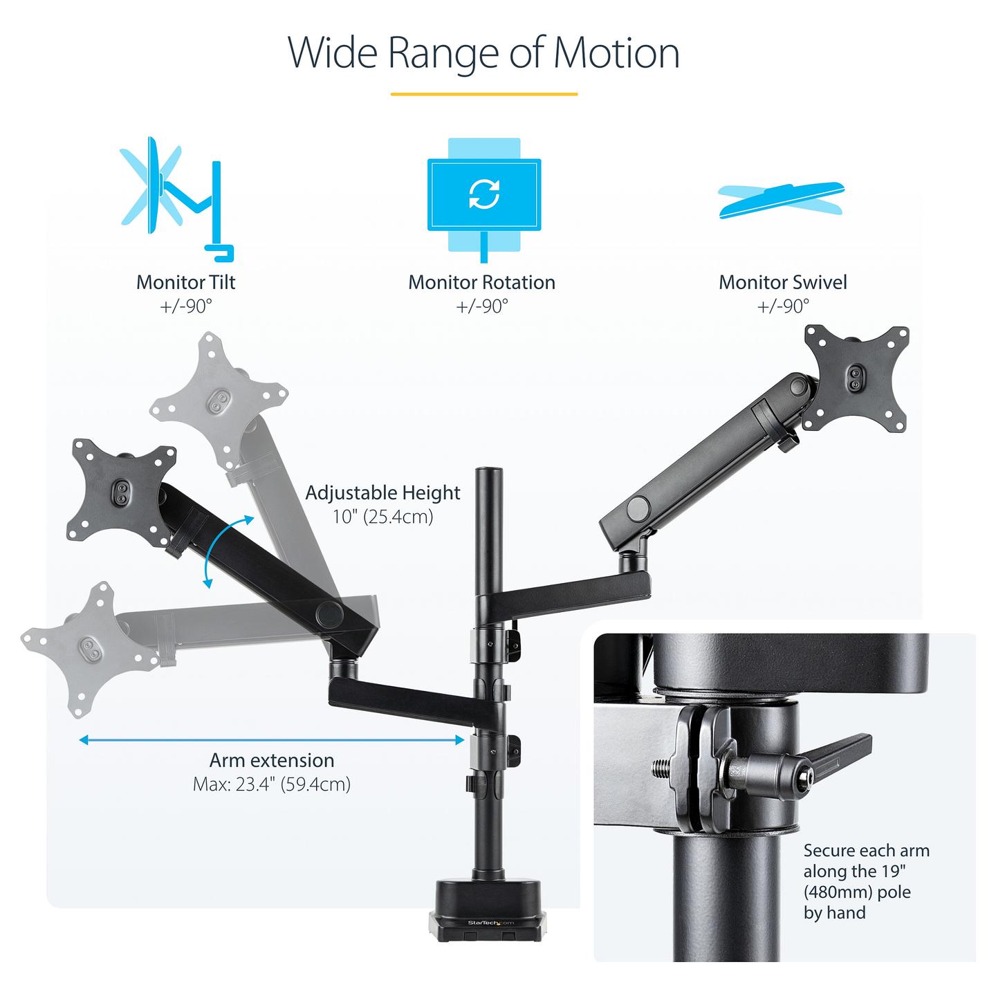 Mbajtëse për Monitor StarTech.com ARMDUALPIVOT, 2 Monitorë, deri 32", 16kg, VESA 75x75–100x100mm, Rregullim Lartësie, Pivot, Tilt - Black - 15