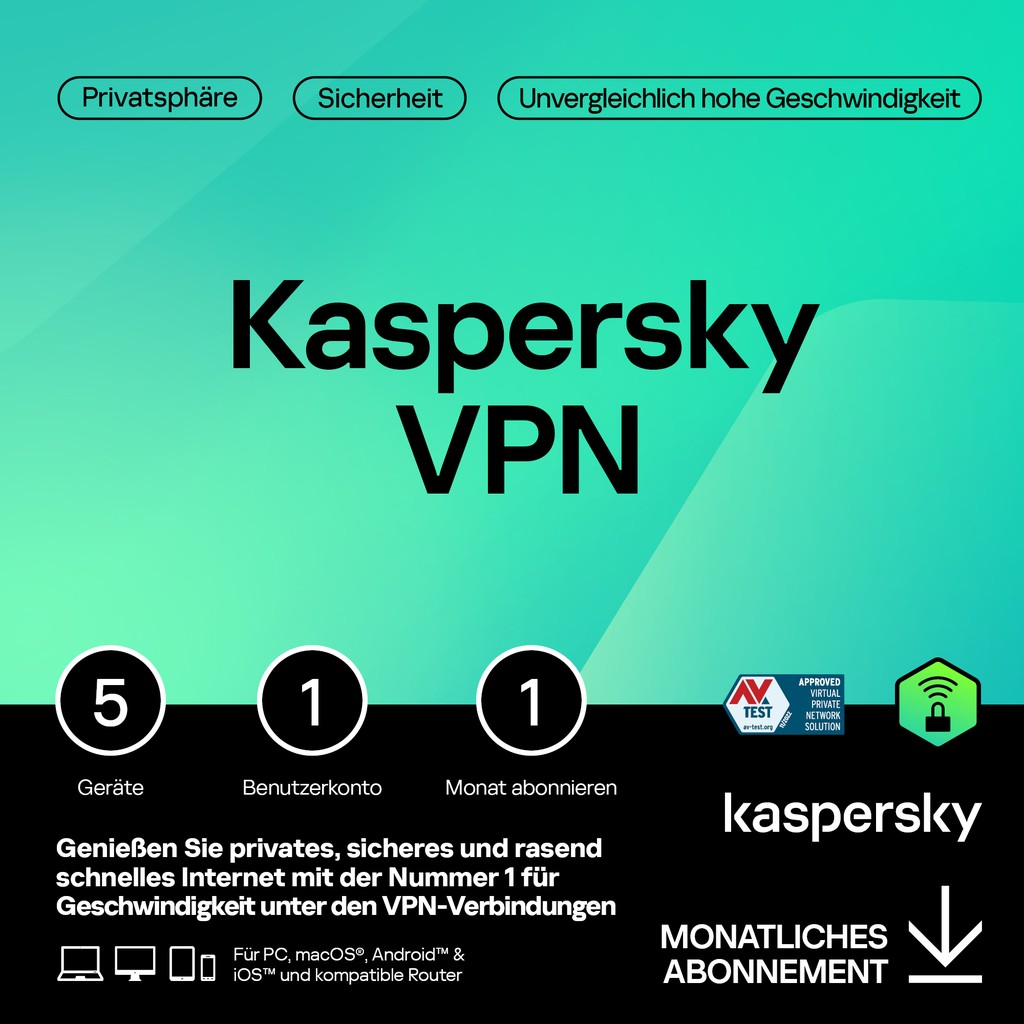 Software për Siguri Kaspersky Secure Connection – 1 User. 5 Device. 1 Month - Subscription (ABO) – ESD-DownloadESD - 1
