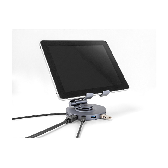 Docking Station + Mbajtëse për Tablet/Notebook / 4K / 1xHDMI / 3xUSB-C / 2xUSB-A / SD + Micro SD / 360° Rotatable - Argjend - 6
