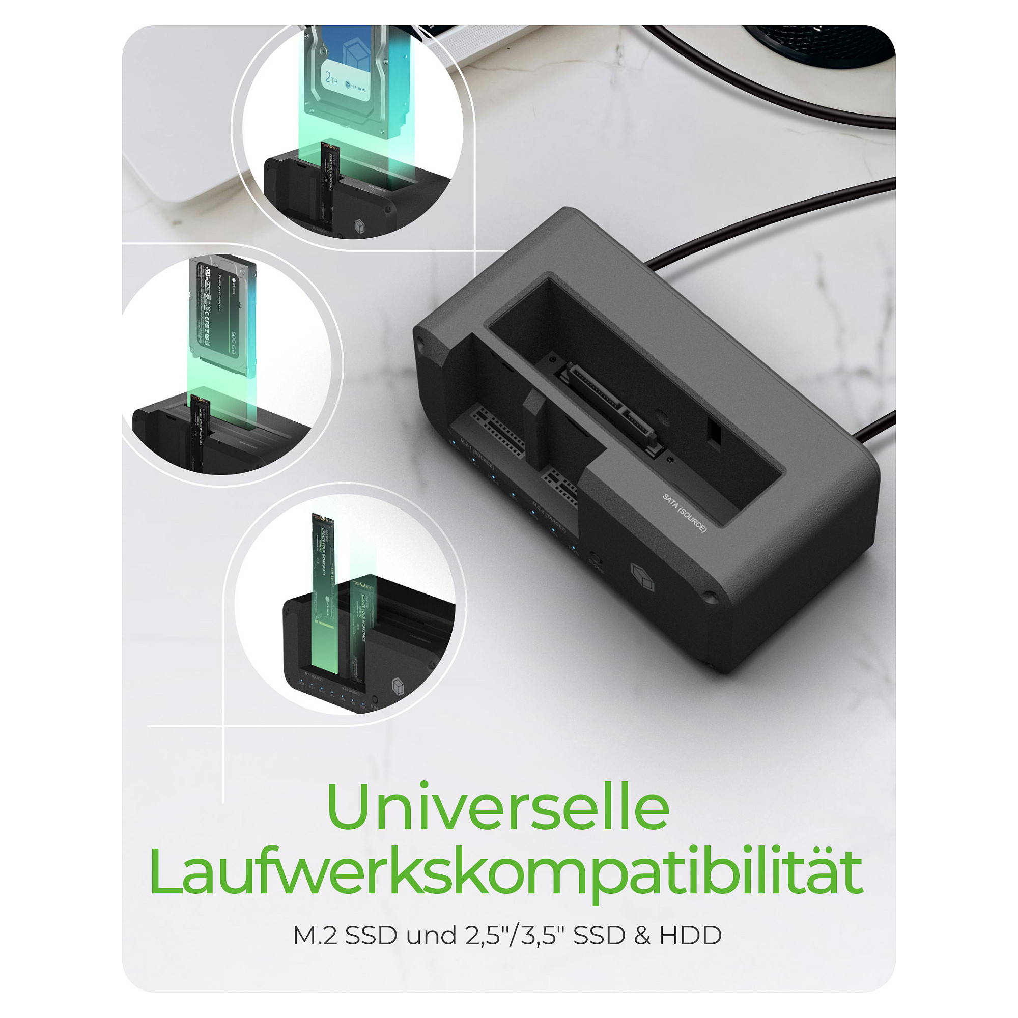 ICY BOX IB-2924MSCL-C31 USB-C 3.2 Klon- und DockingStation für 2.5"/3.5" SATA HDD und M.2 NVMe SSD - 5