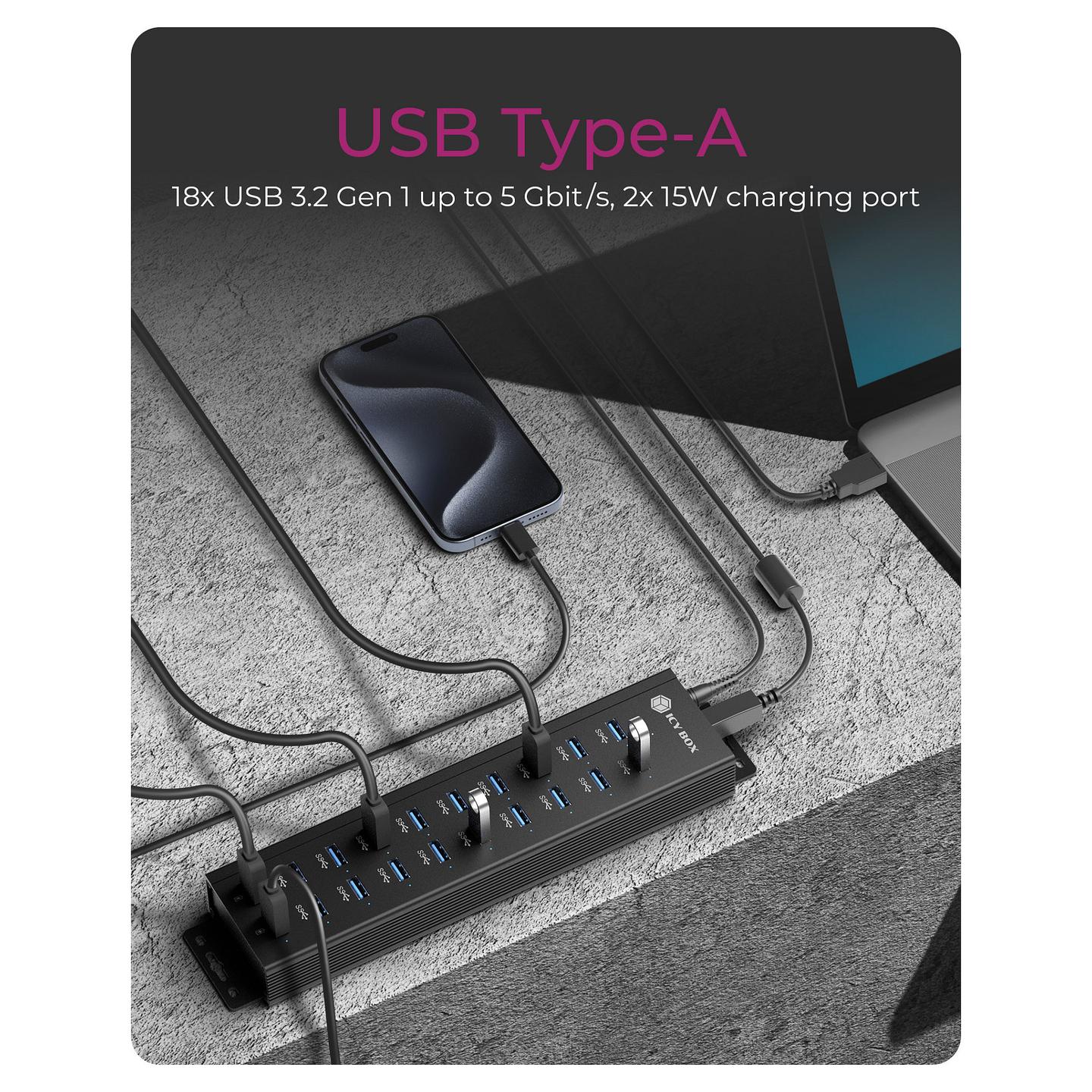 Hub ICY BOX IB-HUB1720-U3, 18x USB-A 3.2 Gen 1, 2x USB-A për karikim, 5Gbps, 15W, USB-B - Zezë - 4