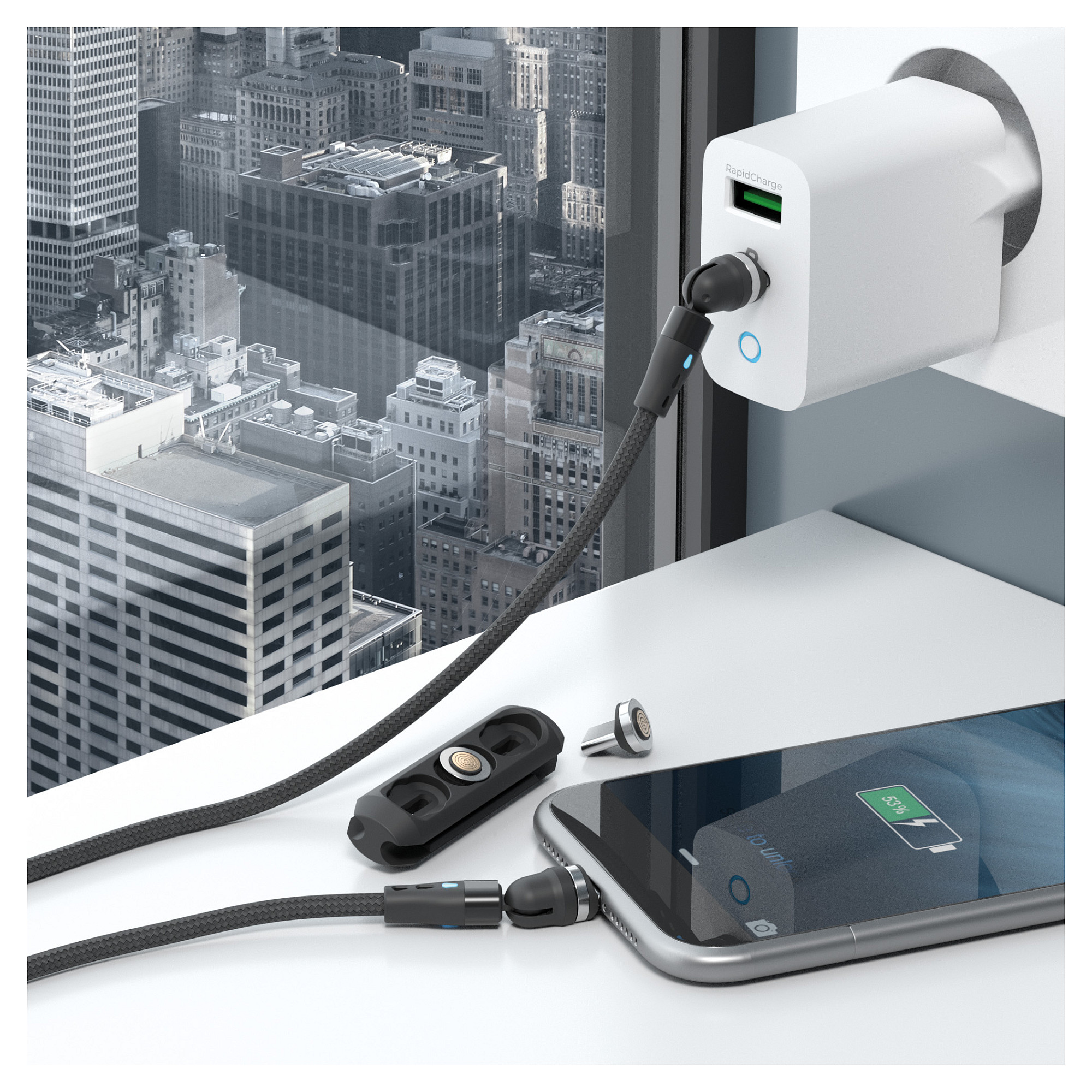 Kabllo RealPower MagneticCharge2 / USB-A → Magnetik / 1m / 6 Adapterë – Zezë - 5