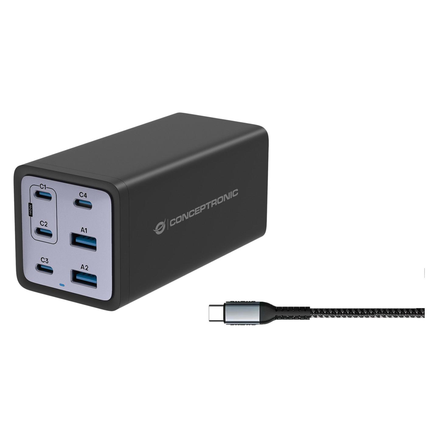 Adapter Conceptronic OZUL06BE / 200W / GaN / 4x USB-C + 2x USB-A / PD 3.1 / PPS / QC 3.0 / Kabllo USB-C - Zezë