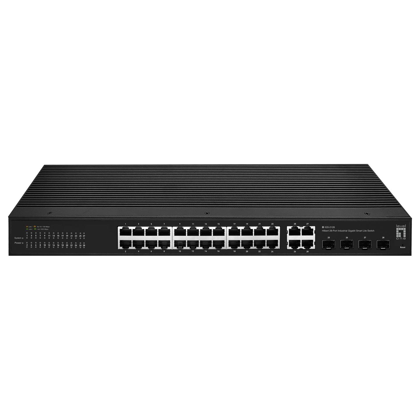 Switch Industrial LevelOne IGS-2128, 24x Gigabit Ethernet RJ45, 4x Gigabit Combo RJ45/SFP, Switching Capacity 56Gbps, Layer 2 Managed, Fanless, IP30, Rackmount 1U - Zezë