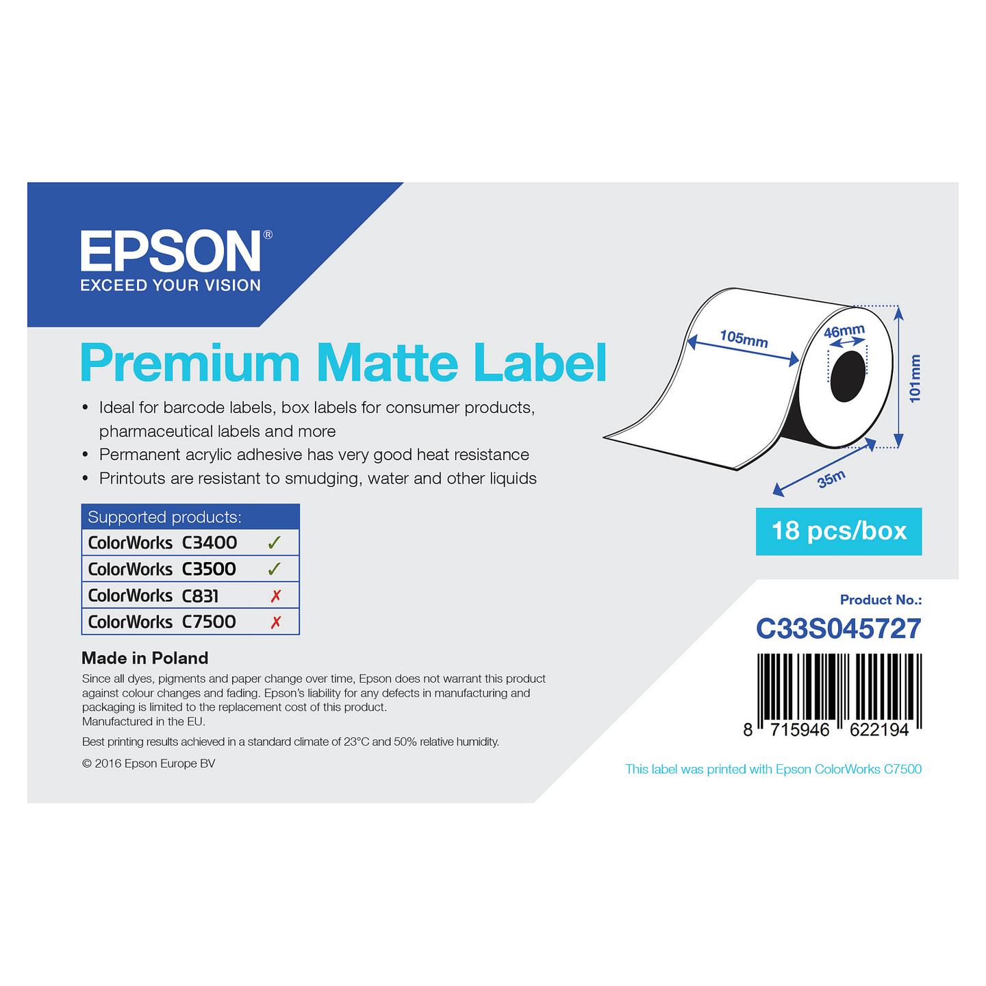 Etiketa Epson Premium Matte C33S045727, 105 mm × 35 m, rrotull i vazhdueshëm - Bardhë - 1