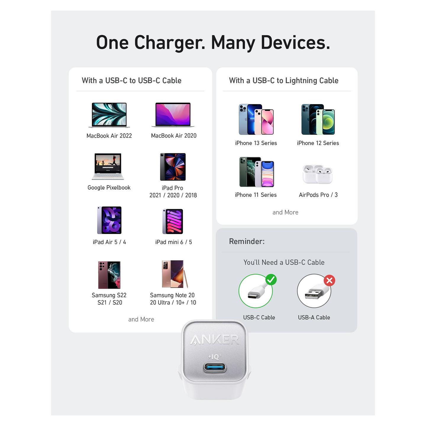 Karikues Anker 511 Nano 3, USB-C, 30W, PowerIQ 3.0, PPS - Bardhë - 6