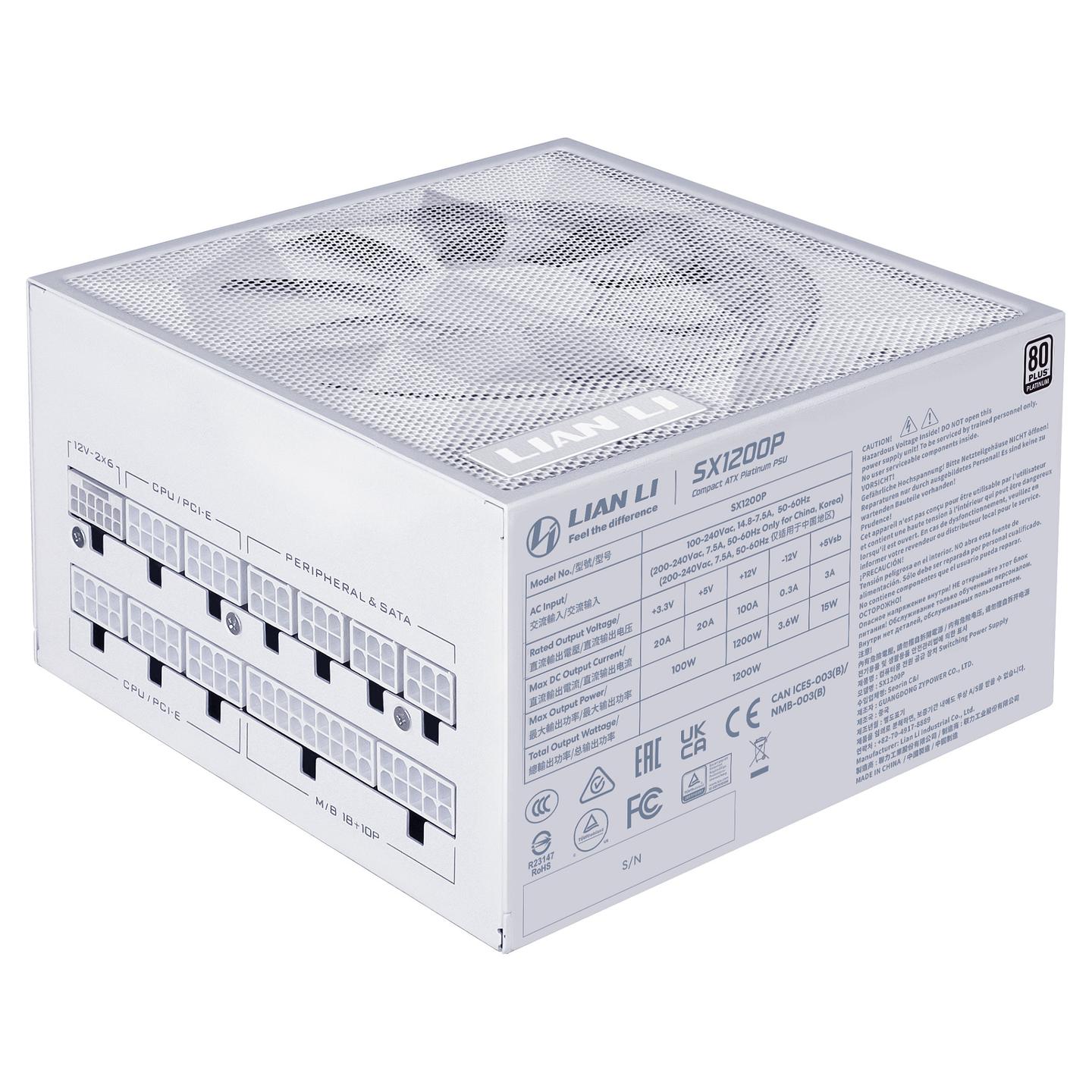 Furnizues Energjie Lian Li SX1200P, 1200W, ATX 3.1, 80 PLUS Platinum, Full Modular, 120mm Fan, PCIe 5.1 – Bardhë - 6