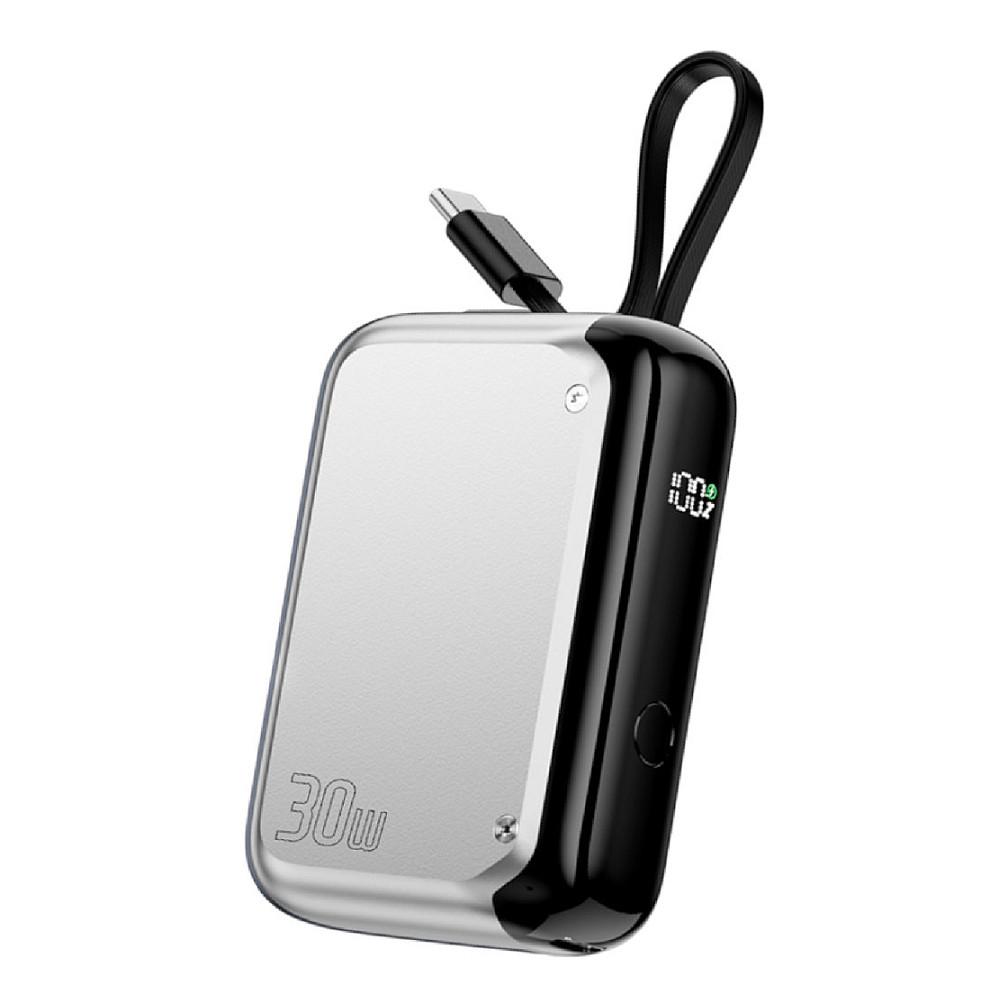 Powerbank 4smarts Pocket / 10000mAh / 30W / USB-C me kabllo të integruar / LCD – Argjend