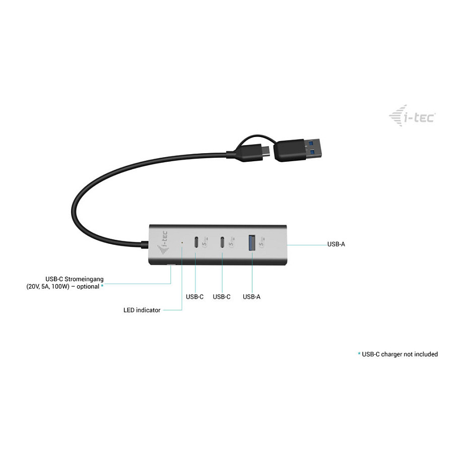 Hub i-tec CAHUBMETAL2A2CPD / 2x USB-C + 2x USB-A / 5Gbps / 85W PD – Argjend - 5
