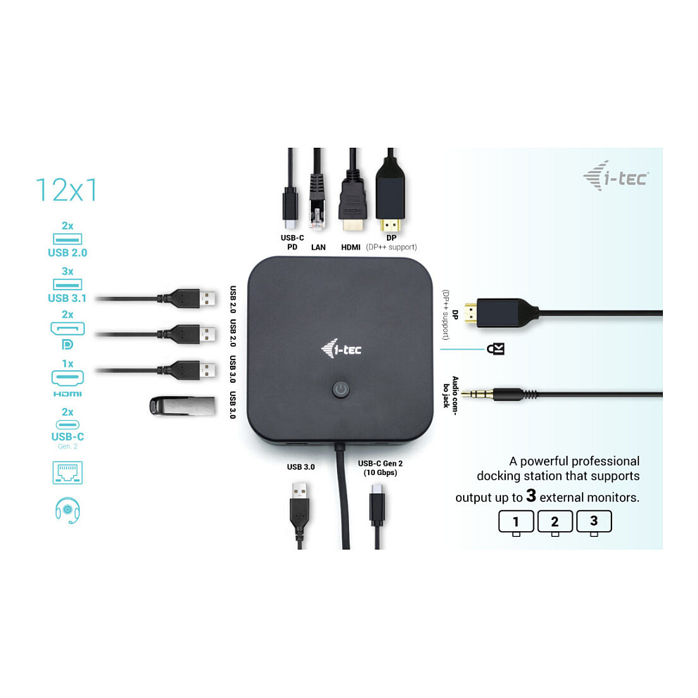 Docking Station I-TEC USB-C / HDMI + 2x DisplayPort / PD / LAN / USB - Metalik - 6