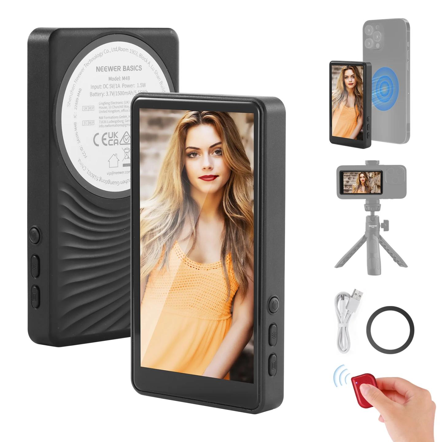 Monitor Selfie për Telefon Neewer M4B, 4", Magnetik, Wireless, Bluetooth, 1500mAh, Rrotullim 180° - Zezë