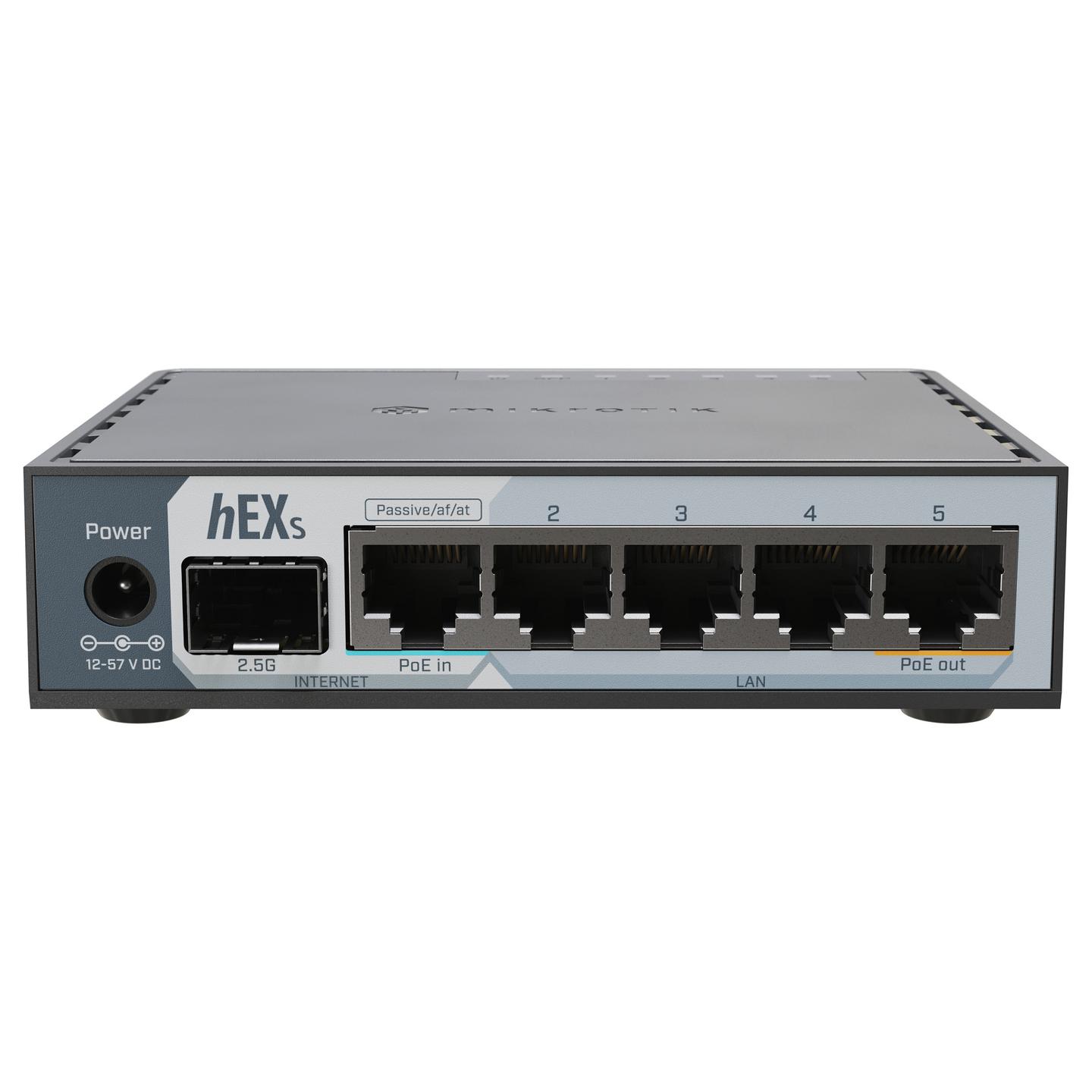 MikroTik, hEX S (2025), Ruter, 5× Gigabit Ethernet, 1× 2.5G SFP, PoE-in 802.3af/at, PoE-out, USB 3.0, RouterOS v7, Zezë