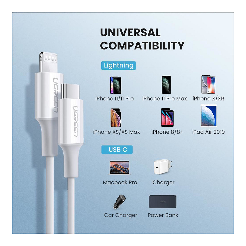 Kabllo USB UGREEN Lightning → Type‑C / 1 m – Bardhë - 3
