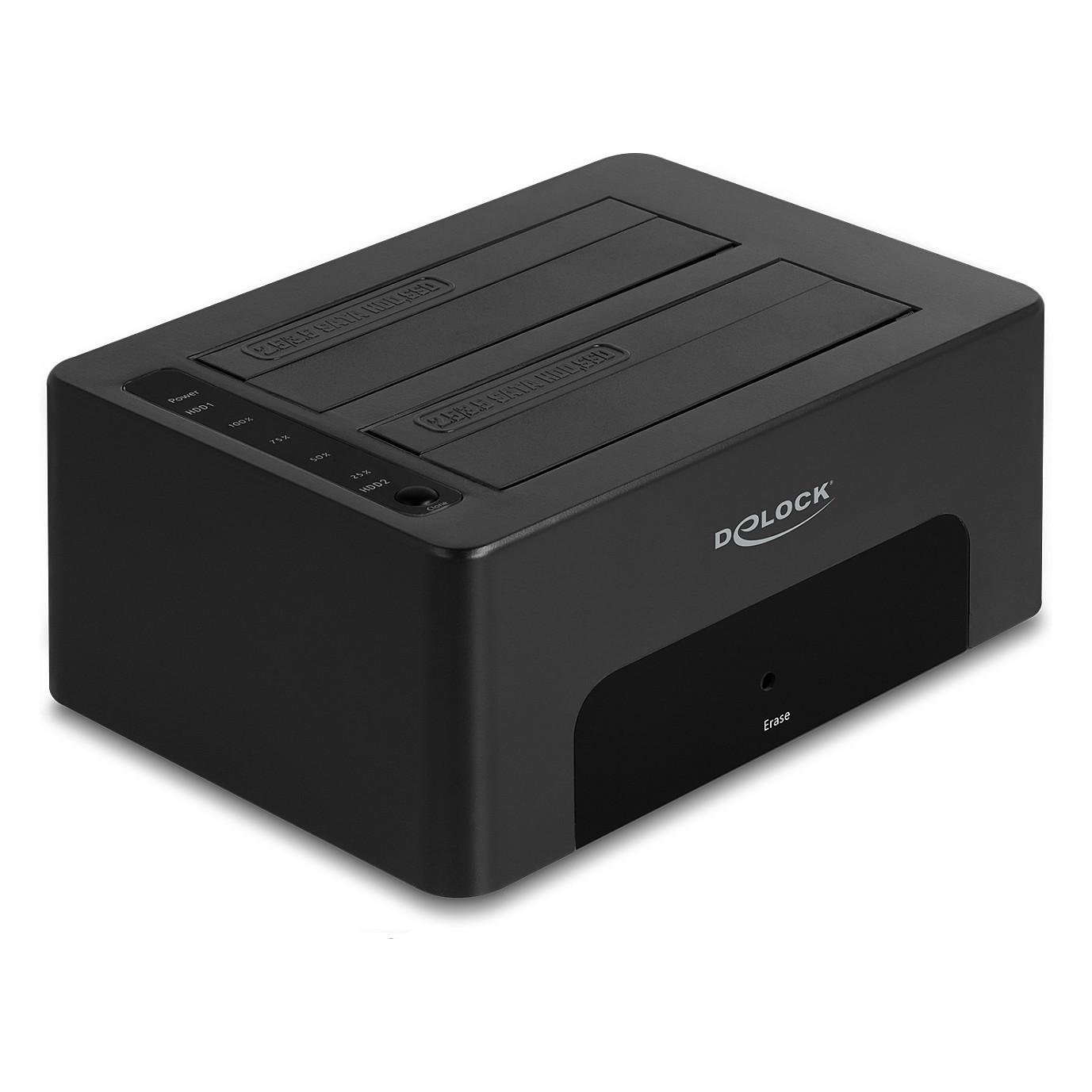 Këllëf për Disqe Delock 64187, Dual SATA HDD/SSD, USB 5Gbps Type-B, 2.5"/3.5", Clone + Erase, ASMedia ASM1156 - Zezë