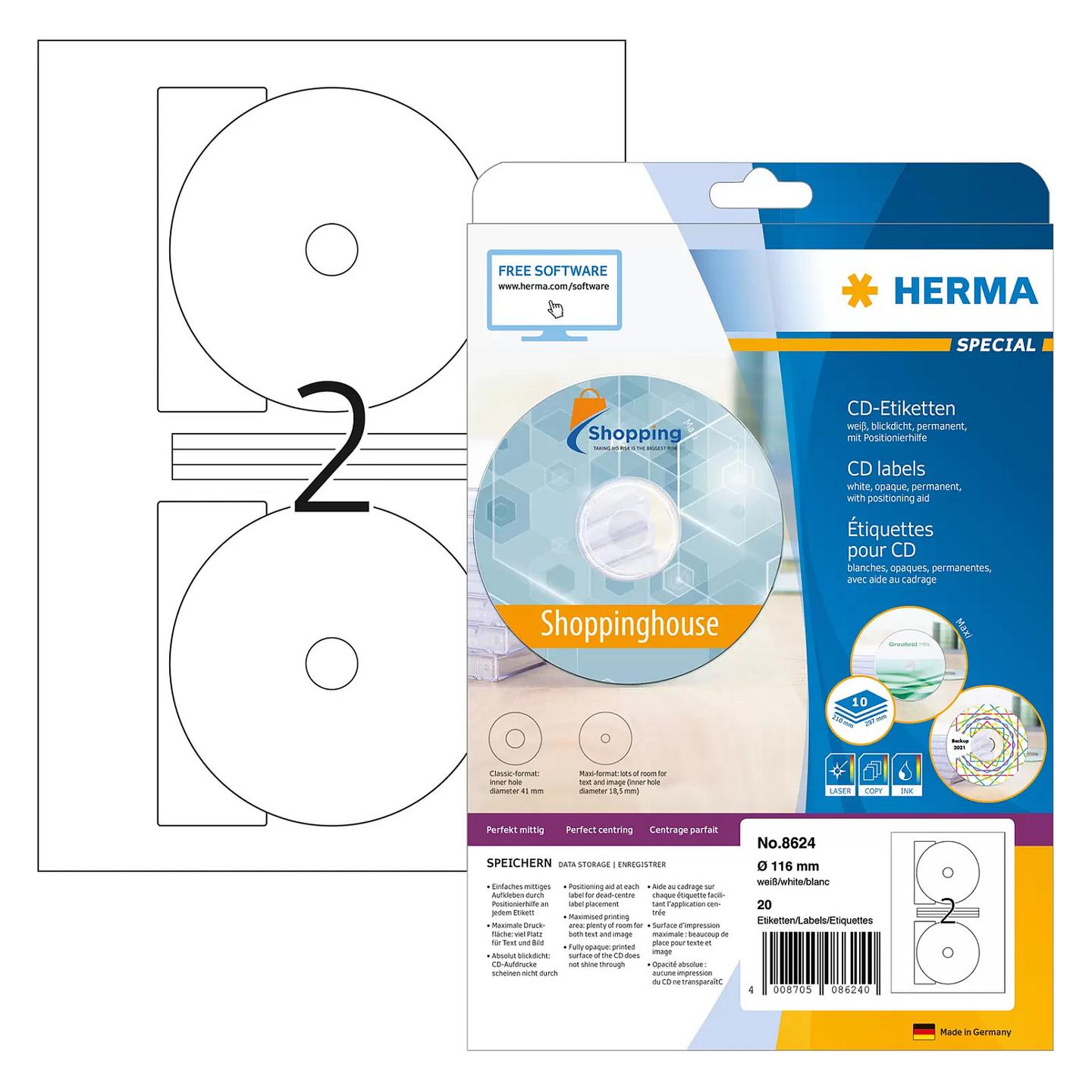 Etiketa për CD HERMA 8624, Ø 116 mm, 20 copë, 10 fletë A4 - Bardhë