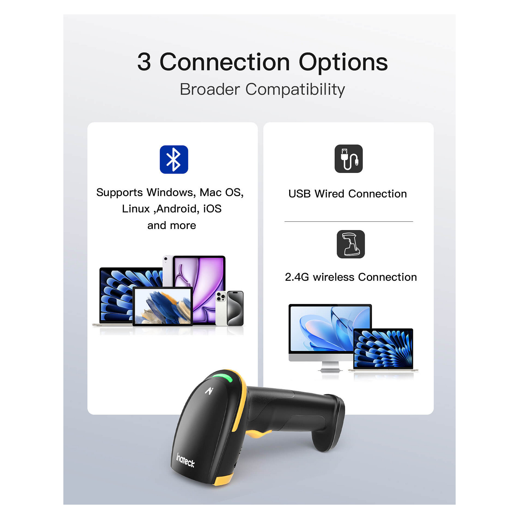 Skaner Barkodesh Inateck BCST-36 / 1D/2D / Bluetooth / USB / Auto-Induction / 2000mAh - Zezë/Verdhë - 4