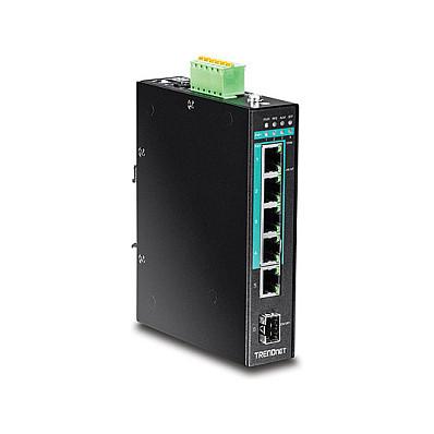 Switch Industrial TRENDnet TI-PG541, 4 porta Gigabit PoE+, 1 portë Gigabit Ethernet, 1 portë SFP, PoE 120W, Switching Capacity 12Gbps, IP50, montim në shinë DIN - Zezë
