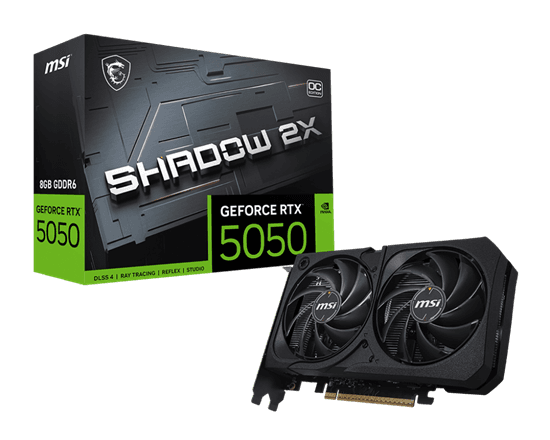 Kartelë Grafike MSI GeForce RTX 5050 Shadow 2X OC, 8GB GDDR6, PCIe 5.0, 128-bit, Dual Fan, 3x DisplayPort 2.1b, HDMI 2.1b – Zezë