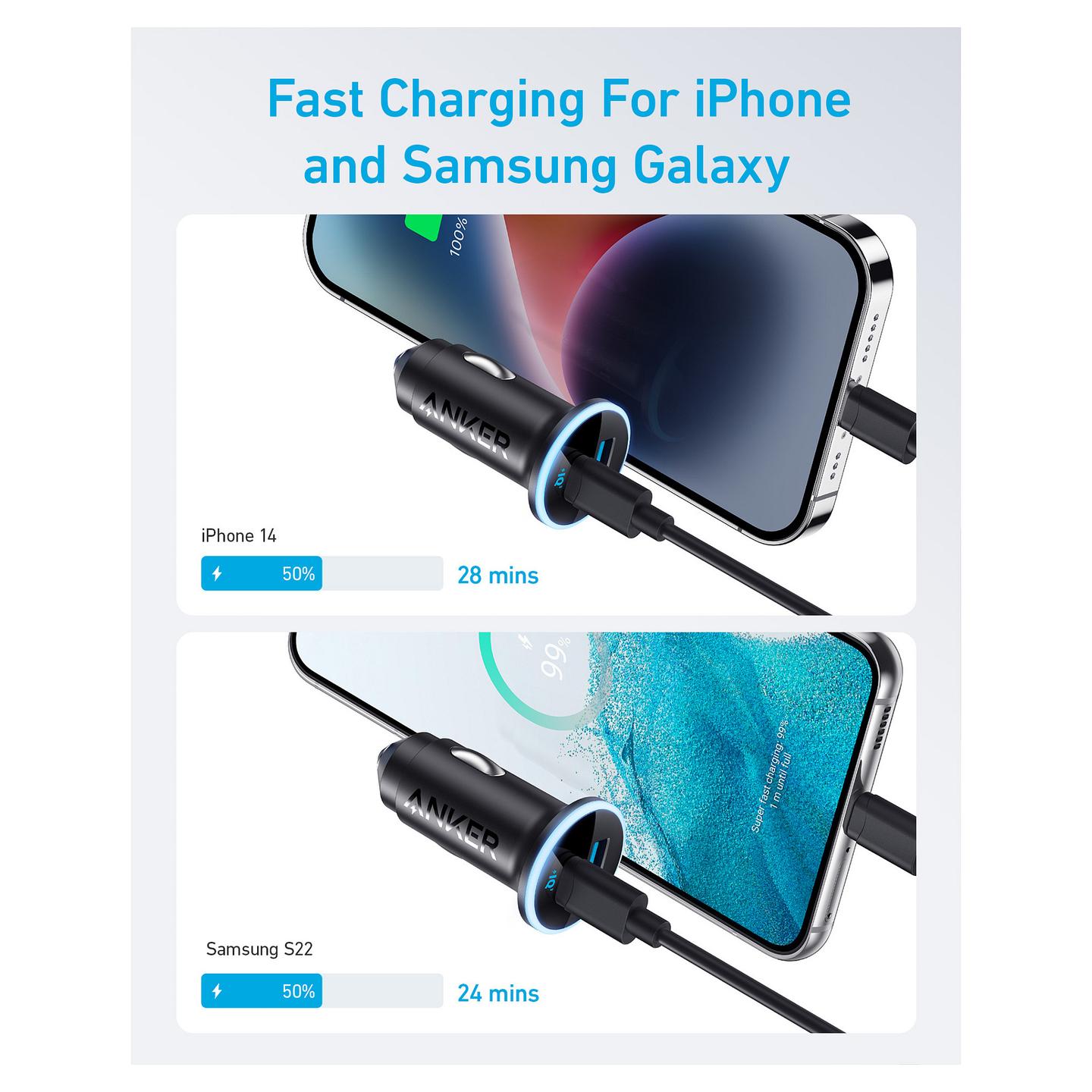 Adapter telefoni për veturë Anker 323, A2735G11, USB-C 30W, USB-A 22.5W, 52.5W - Zezë - 2