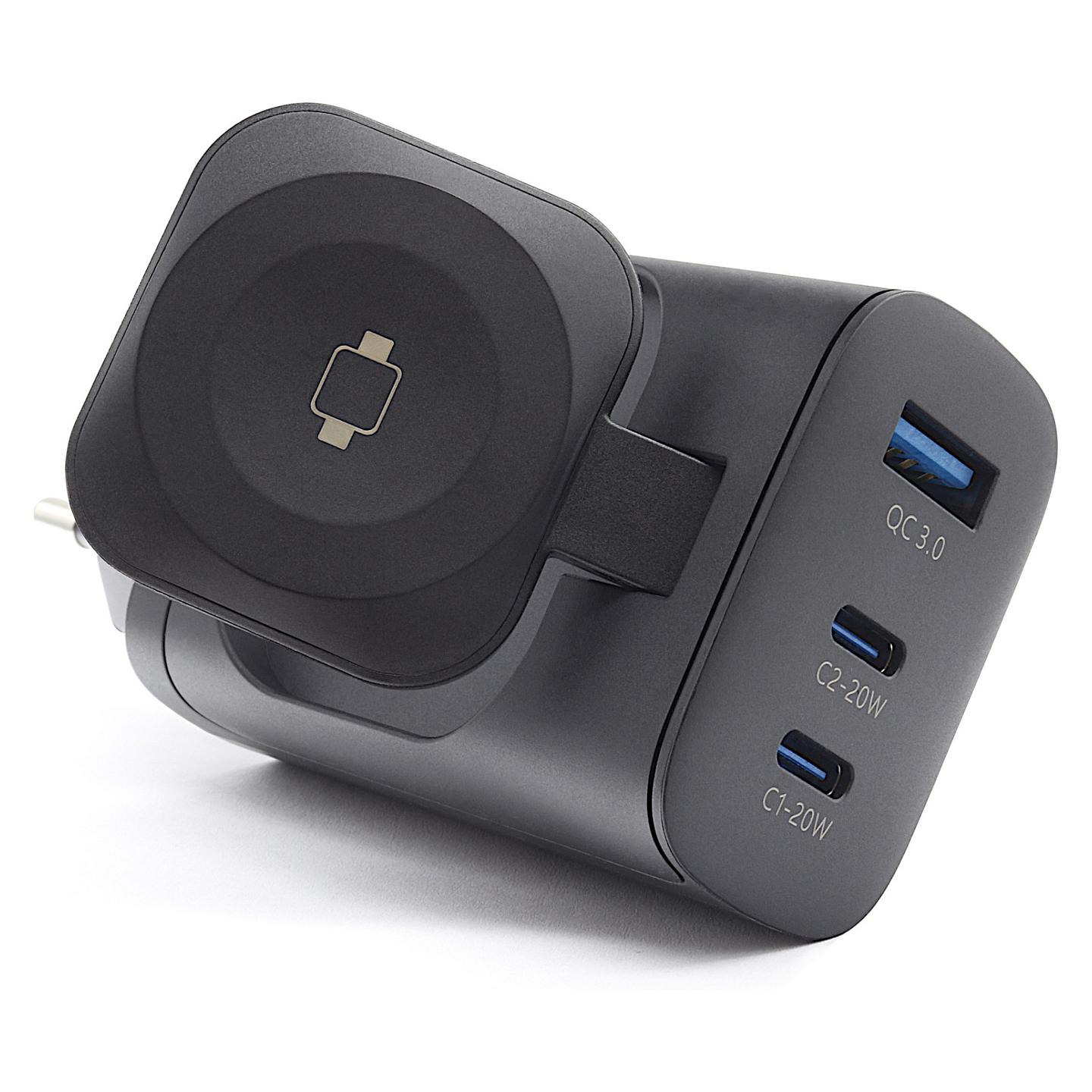 Karikues RealPower PC-43 Watch / 43W / 2x USB-C + USB-A / Karikim Wireless për Smartwatch – Zezë - 1