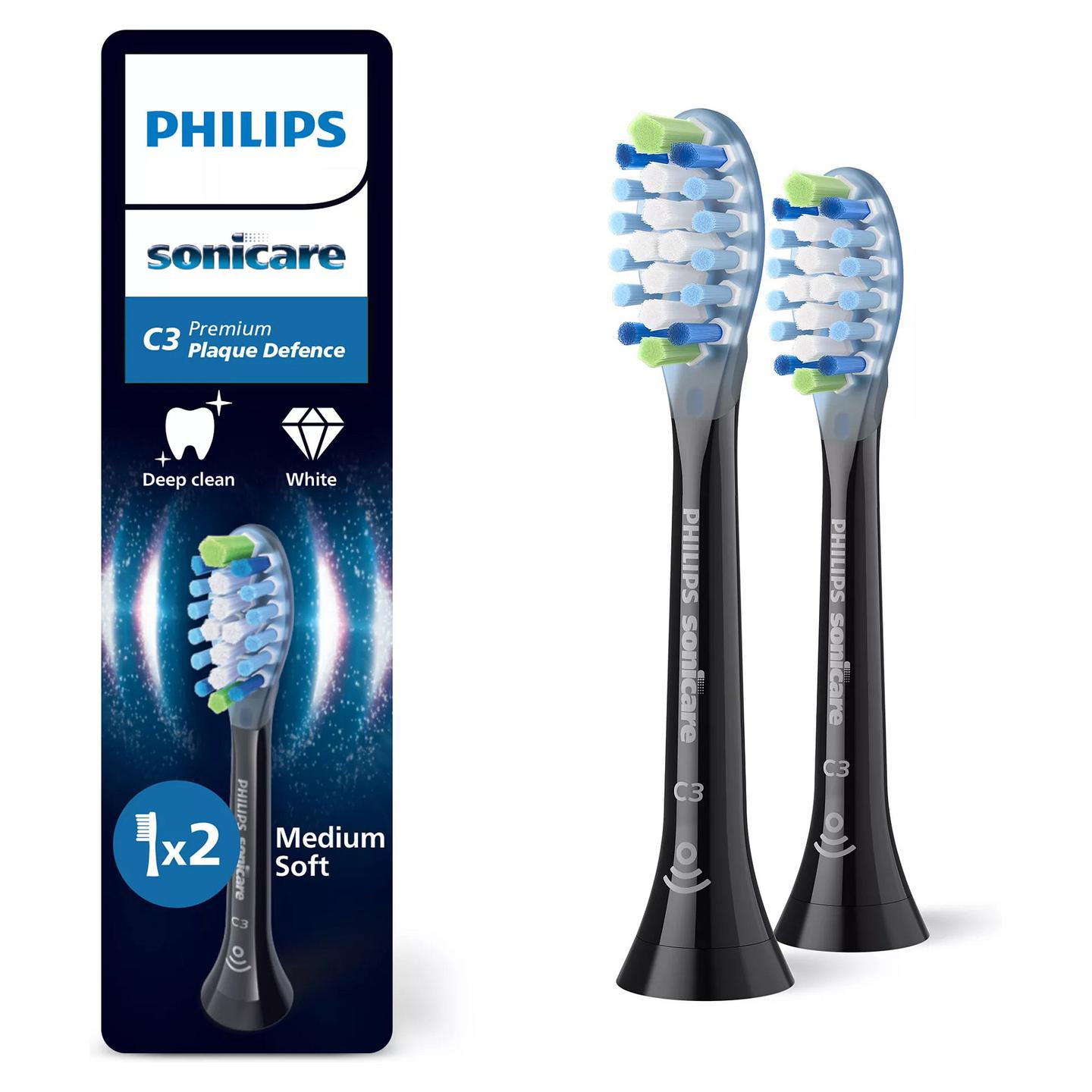 Koka zëvendësuese për furçë elektrike Philips Sonicare Premium Plaque Defence / 2 copë / Medium Soft / Click-on / Plaque Control – Zezë