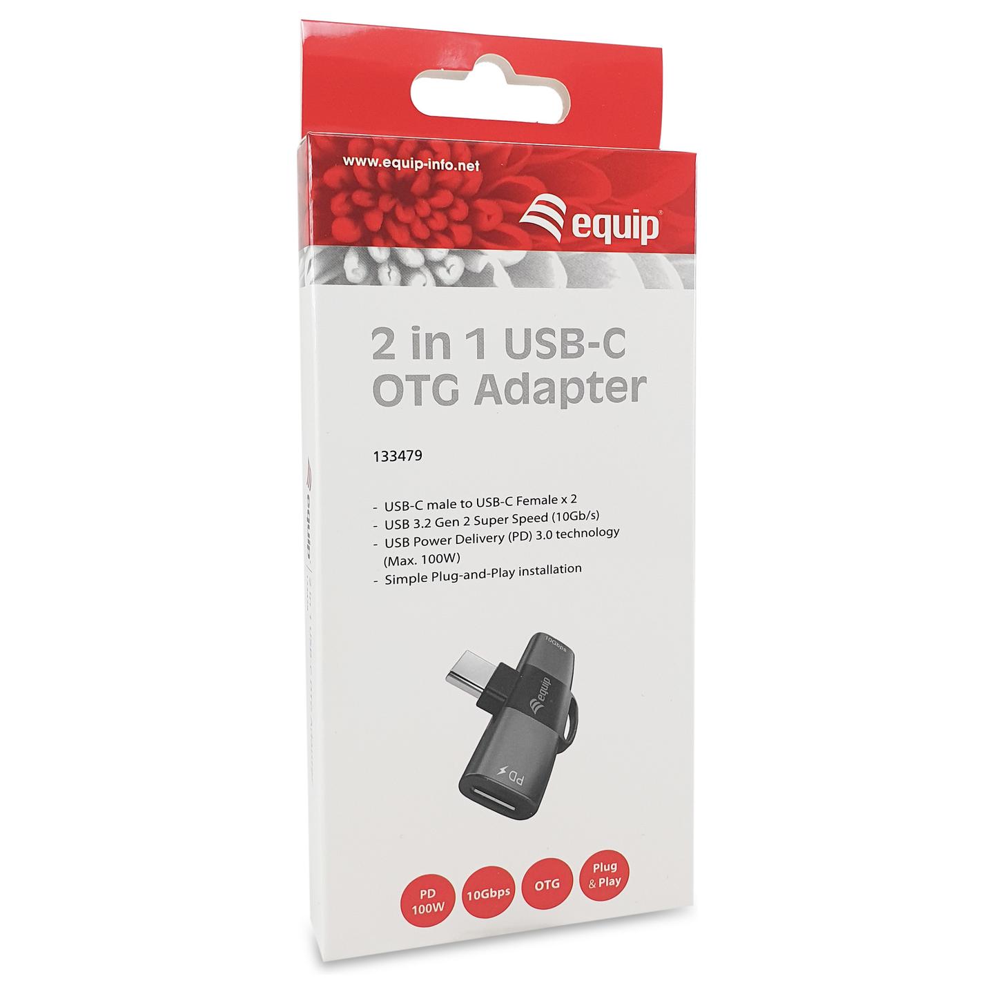 Adapter USB Equip 133479 , USB-C Mashkull në 2x USB-C Femër , USB 3.2 Gen 2 , 10Gbps , PD 100W , OTG - Gri - 12