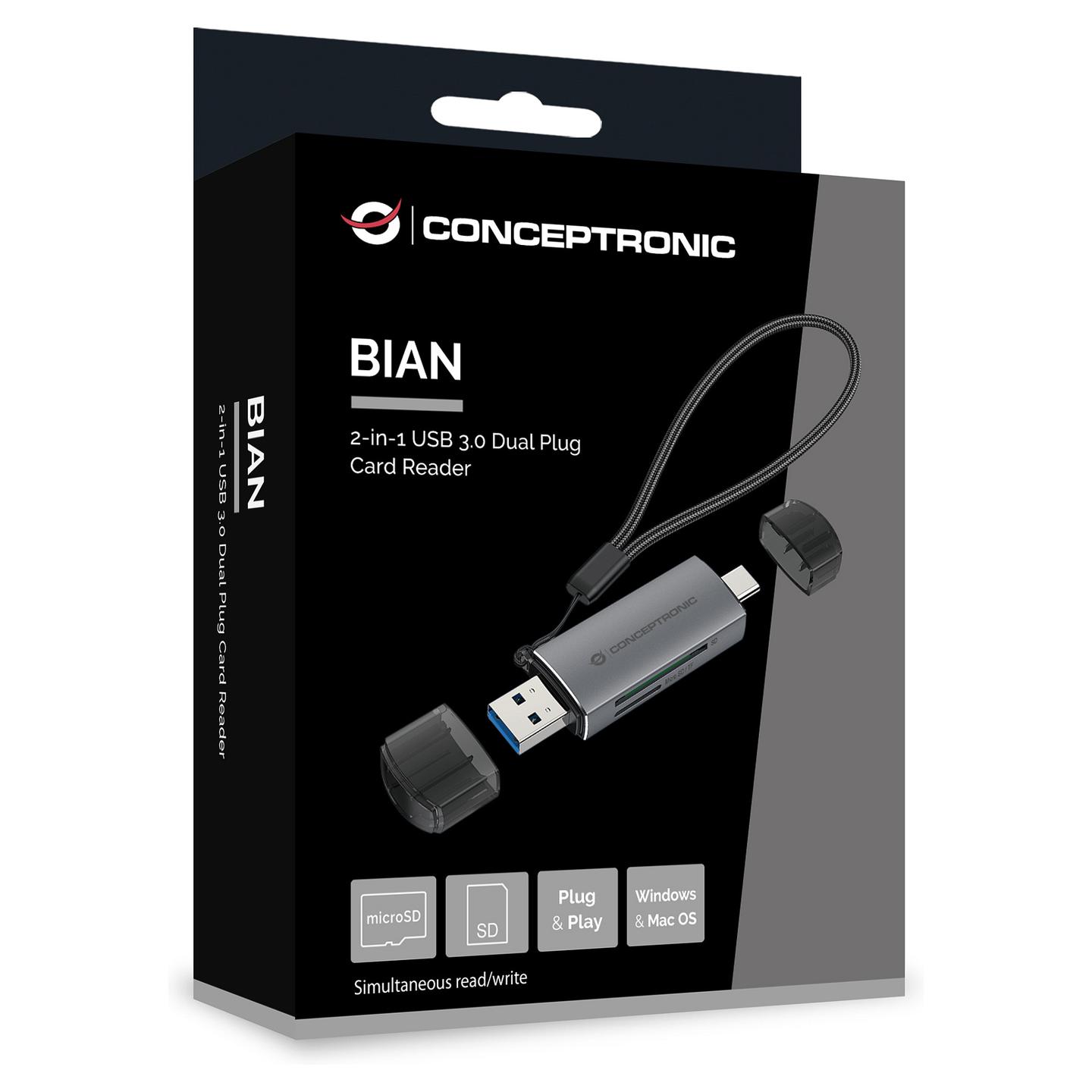 Lexues Kartelash Conceptronic BIAN05G / USB 3.0 / USB-A + USB-C / SD + MicroSD / UHS-I / 5Gbps / 2-Slot - Hiri - 3
