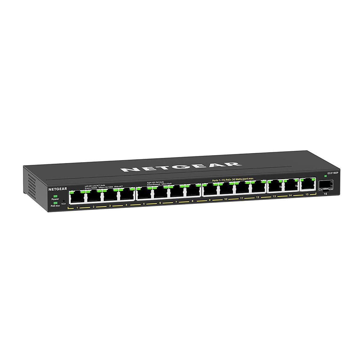 Switch NETGEAR GS316EP / GS316EP-100PES / 16-Port / Gigabit / 15x PoE+ / 1x SFP / 180W – Zezë