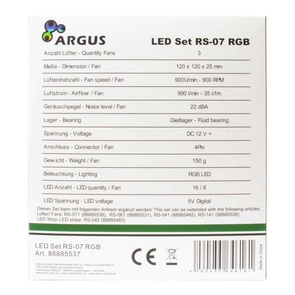 Ftohës për Kasë Inter-Tech Argus RGB-FAN Set RS-07 / 120mm / 25mm / 900 RPM / PWM / RGB / 24 LED / 3-Pack / Controller – Zezë - 9