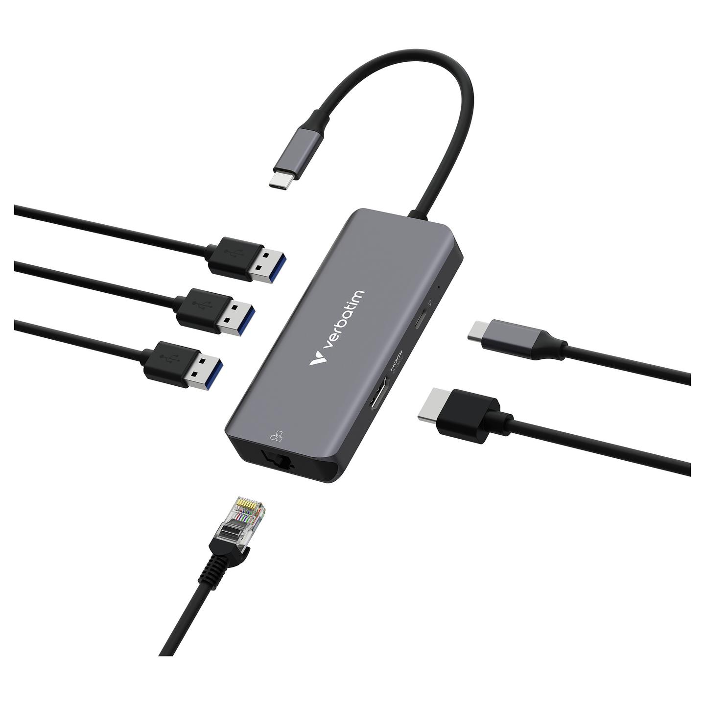 Hub USB-C Verbatim 32157, 6 Porta, HDMI 4K 30Hz, 3x USB-A 3.2 Gen 1, Gigabit Ethernet, USB-C PD 100W – Gri - 2
