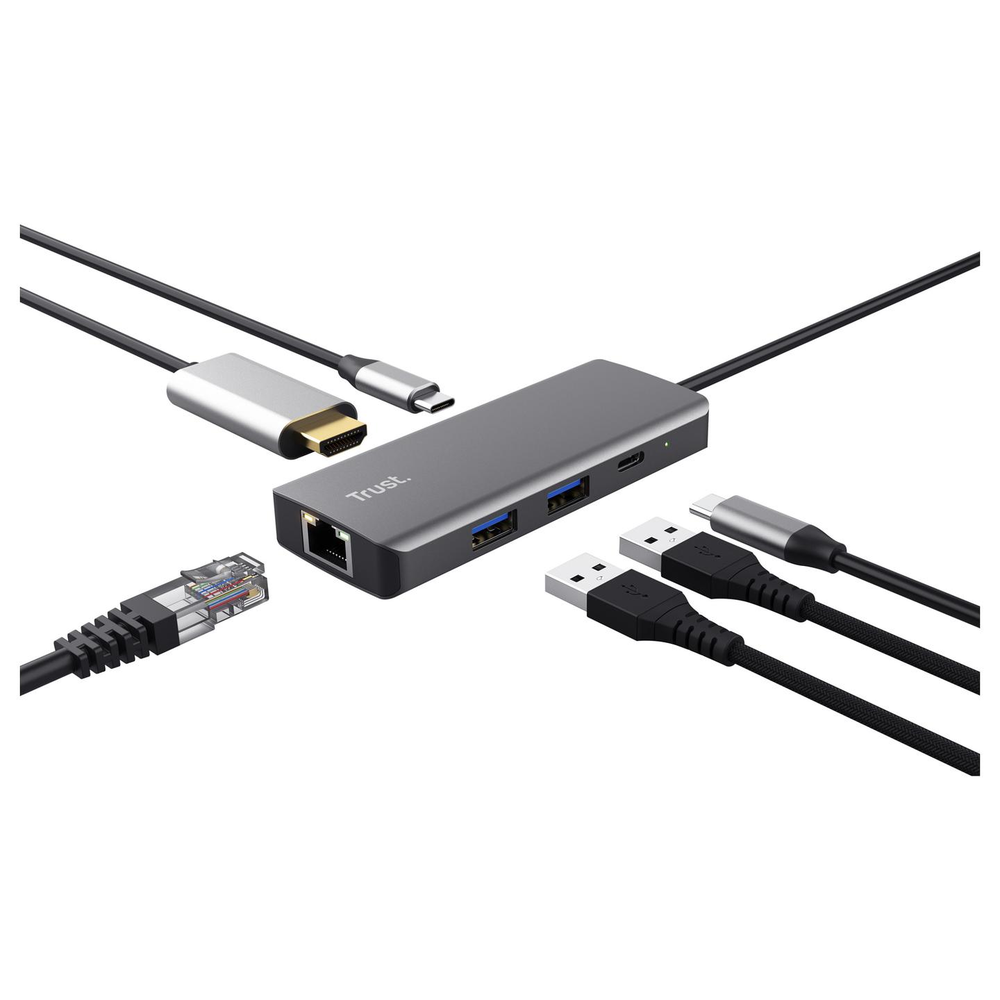 Hub USB-C Trust Dalyx 24968, 6-në-1, HDMI 4K, Gigabit Ethernet, 2x USB-C, 2x USB-A, Power Delivery 100 W - Argjendtë - 3