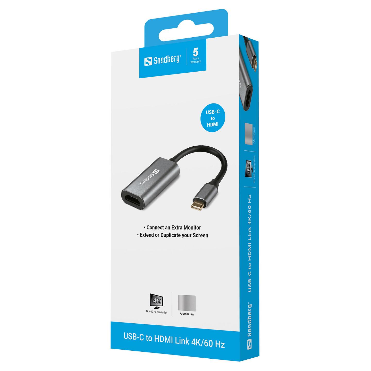 Kabllo HDMI Sandberg 136-12 / USB-C në HDMI / 4K @ 60Hz / USB-C Mashkull / HDMI Femër - Argjend - 2
