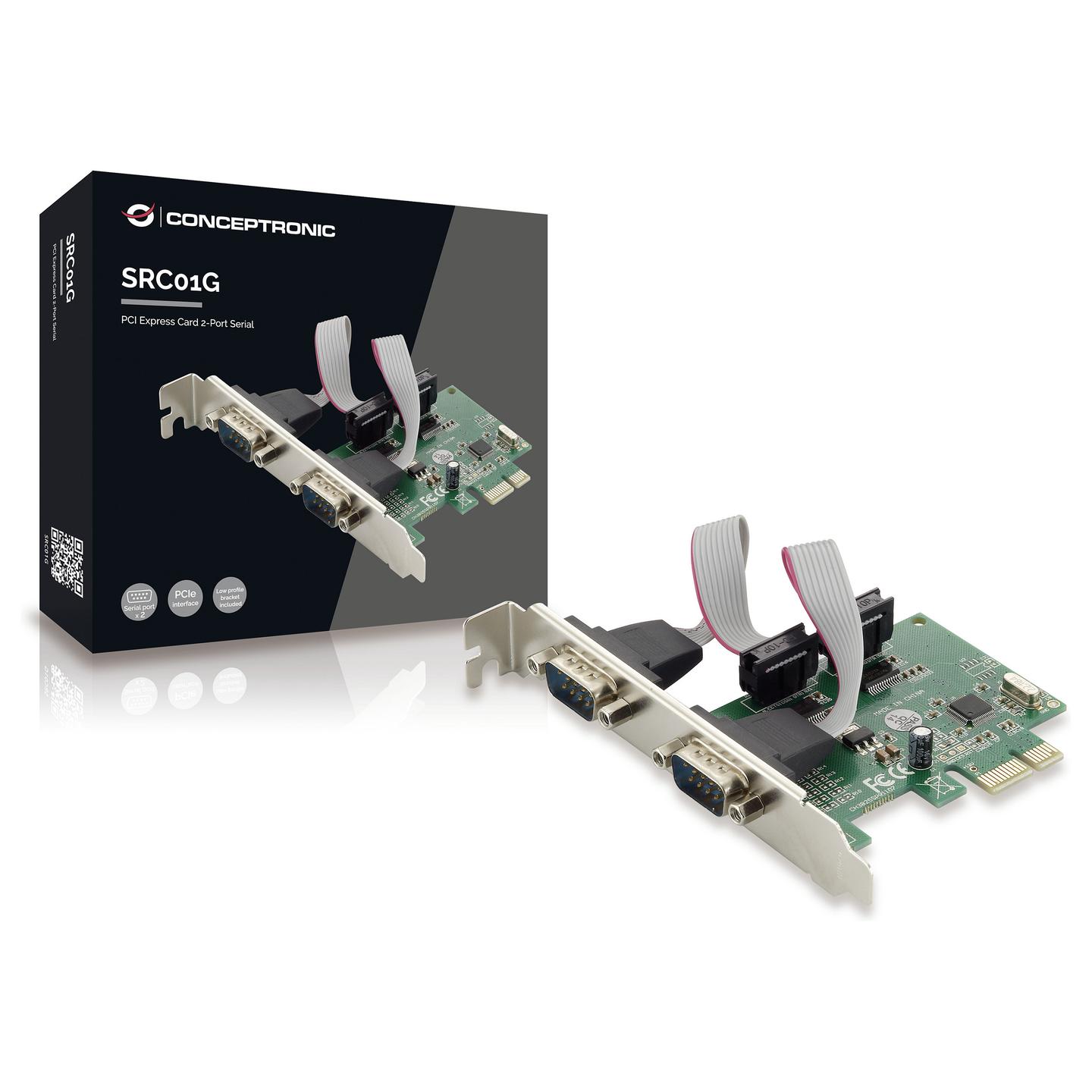 Kartë Zgjerimi Conceptronic SRC01G, PCI Express x1, 2x Serial RS-232 DB9, PCIe 1.1, deri 2.5Gbps, Low Profile - Gjelbër - 2