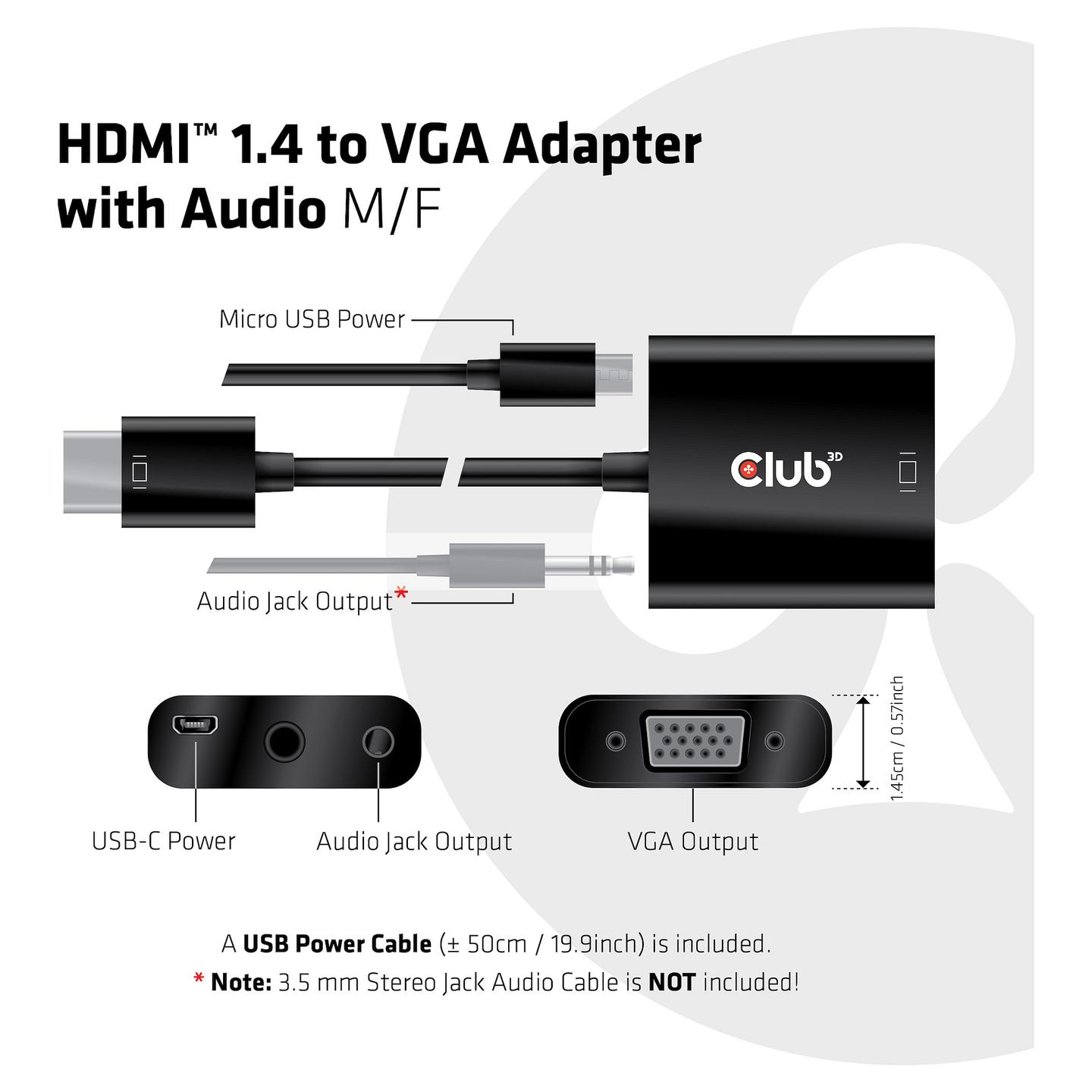 Kabllo HDMI Club 3D CAC-1302 / HDMI 1.4 në VGA / 0.5m / Full HD 60Hz / Audio - Zezë - 7