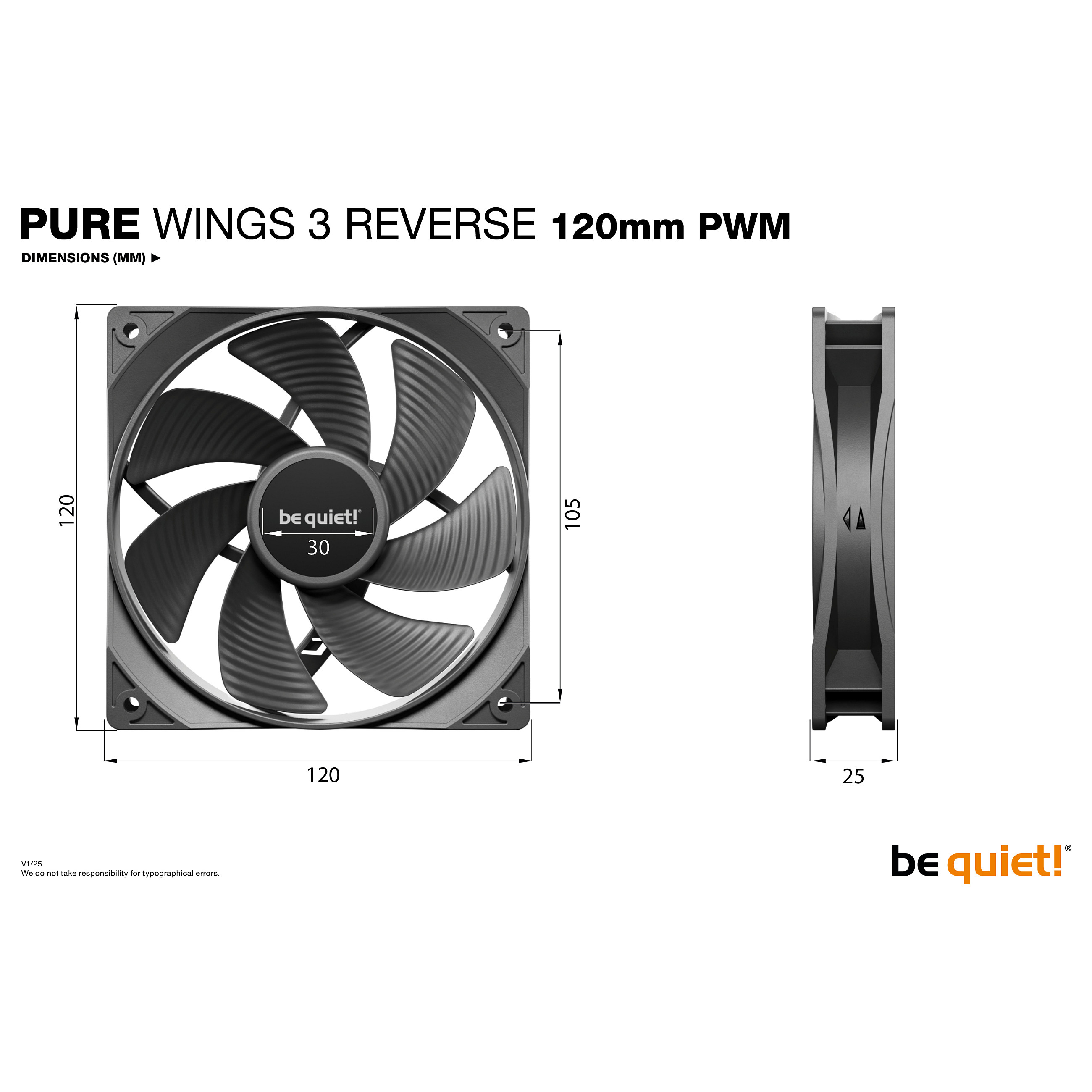 Ftohës për Kasë be quiet! Pure Wings 3 Reverse / 120mm / 1500 RPM / PWM / 3-Pack – Zezë - 4